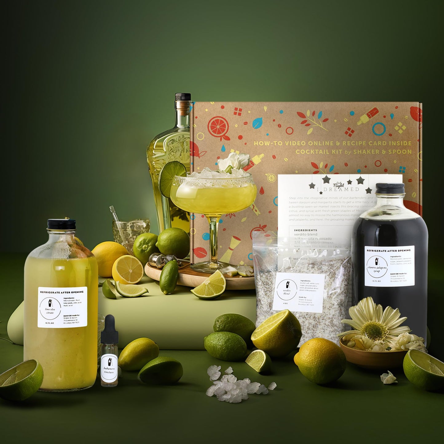Shaker & Spoon Margarita Cocktail Kit Gift Set, Party Pack with 16oz Lime Oleo Citrate, 16oz Margarita Cocktail Syrup, Spicy Habenero Spray, Salt