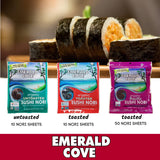 Emerald Cove Organic Nori Sheets for Sushi, Onigiri, Wraps, Non-GMO, Roasted Nori, Resealable Package, Product of Korea, 50 Sheets (1 pack)