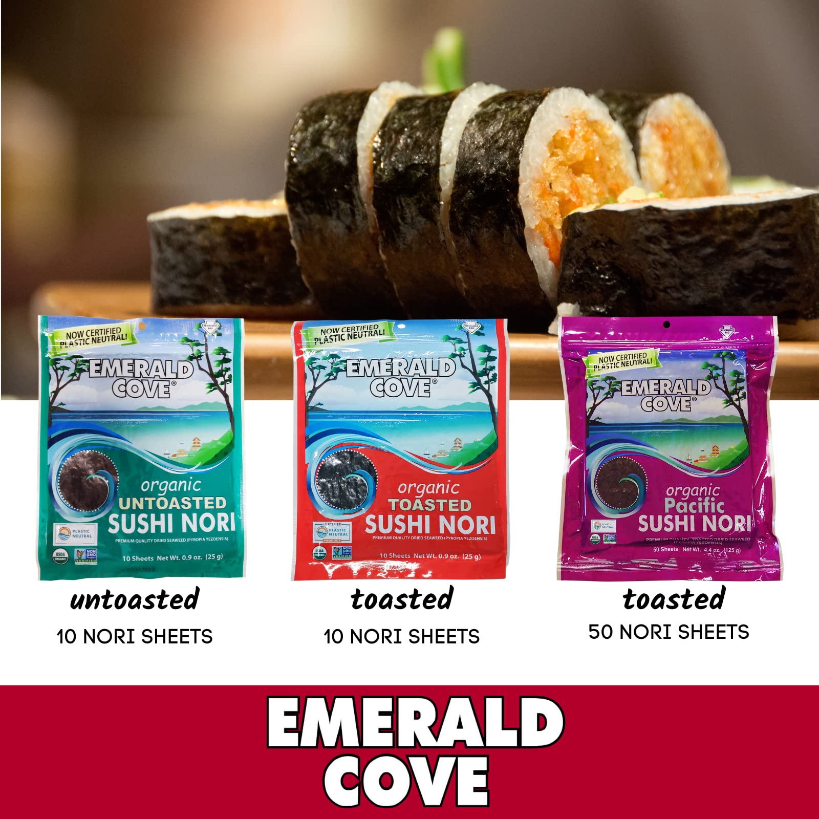 Emerald Cove Organic Nori Sheets for Sushi, Onigiri, Wraps, Non-GMO, Roasted Nori, Resealable Package, Product of Korea, 50 Sheets (1 pack)