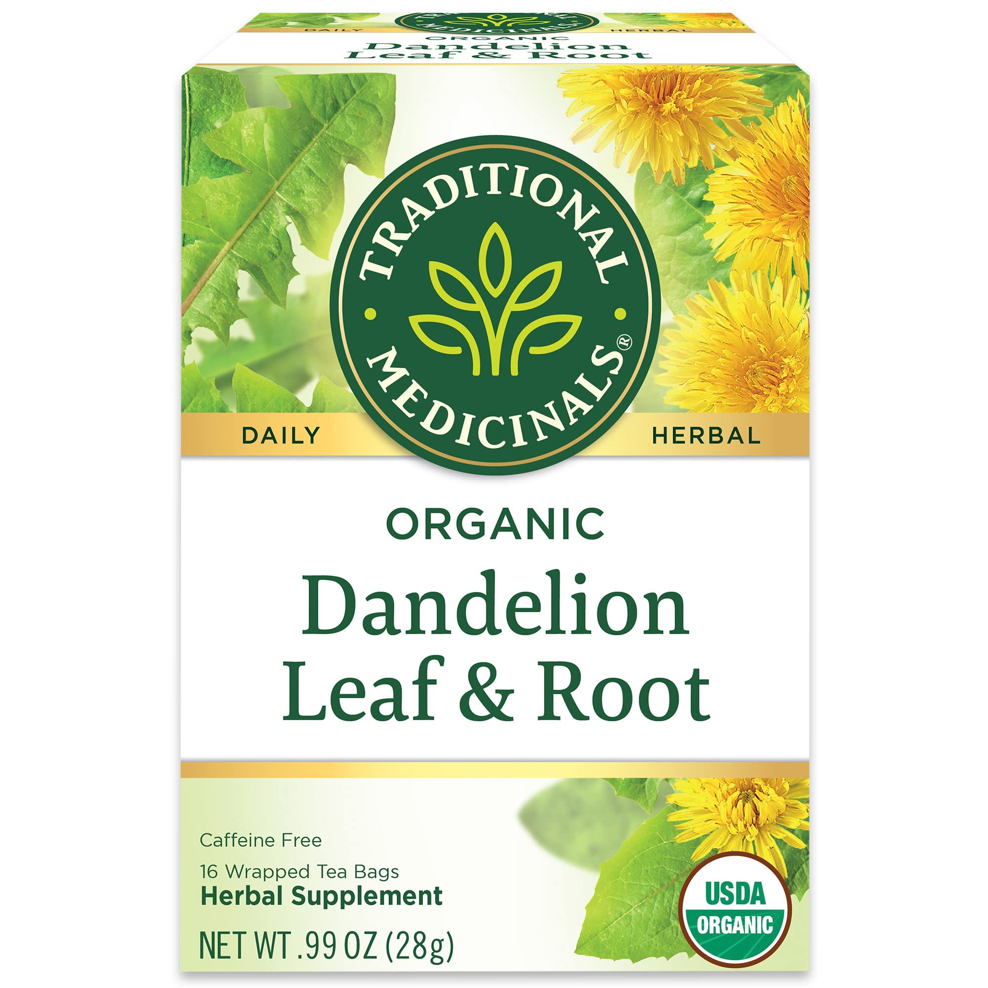 Traditional Medicinals Organic Dandelion Leaf & Root Herbal Tea, Supports Kidney Function & Healthy Digestion, (Pack of 2) - 32 Tea Bags Total