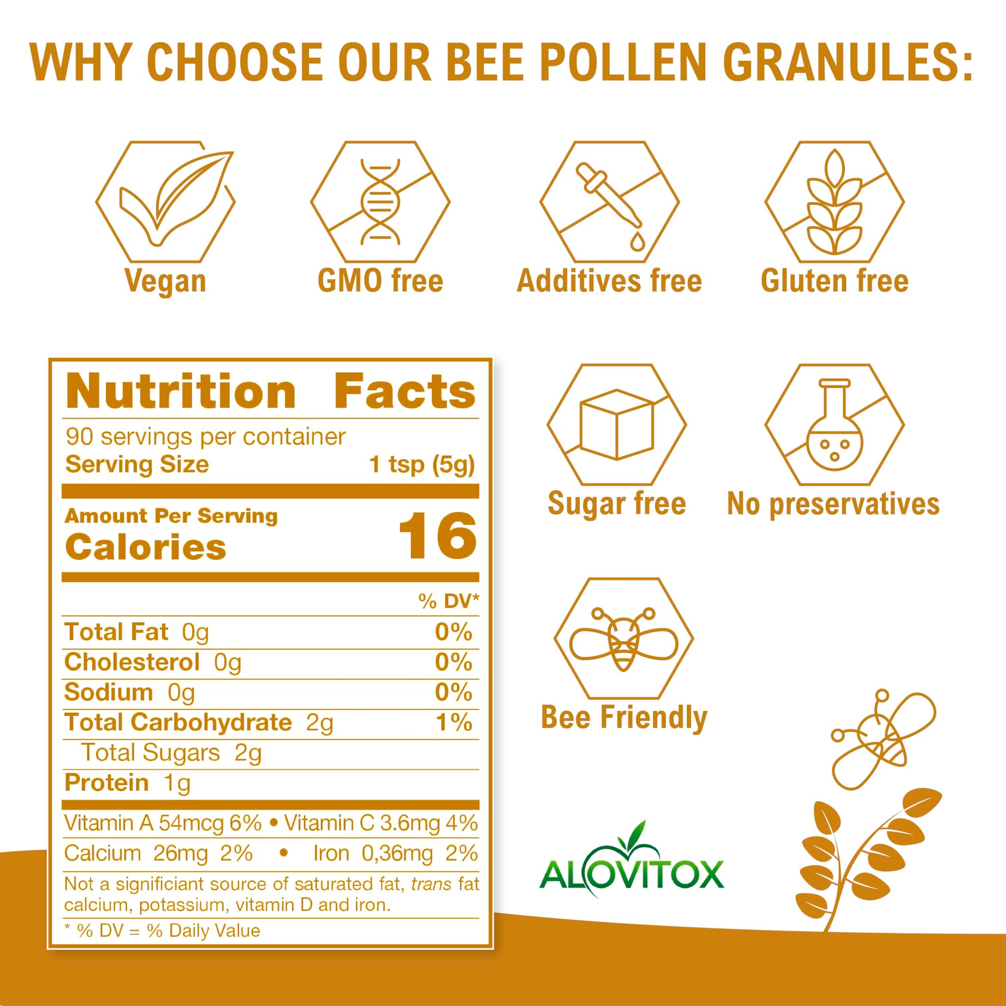 Alovitox Bee Pollen Granules 16 Oz | 100% Pure, Fresh Raw Bee Pollen | Superfood Packed Bee Pollen with Antioxidant, Protein, Vitamins & More |