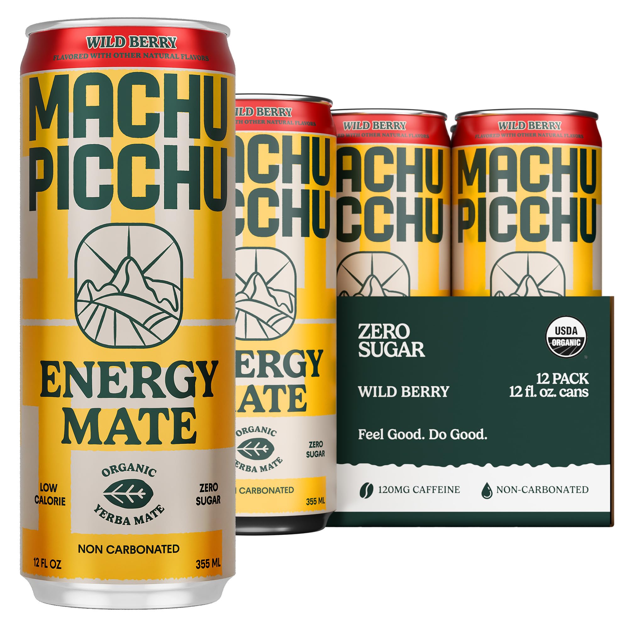 MACHU PICCHU 12-Pack-Wild Berry Zero Sugar Energy Mate Drink - Non-Carbonated Yerba Mate, 120mg Organic Caffeine, Smooth Focus Without Jitters or