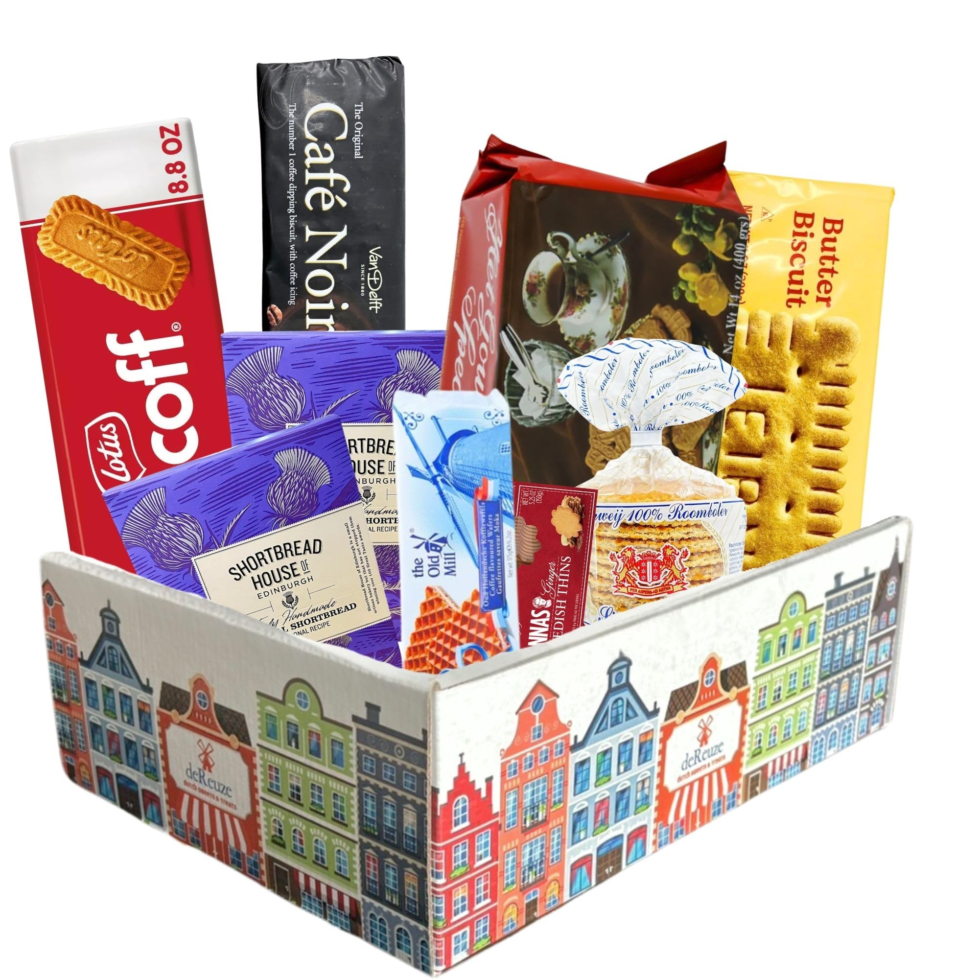 deReuze Dutch Snack Box from Netherlands Gourmet Cookies Pack - 8 Assorted Treats in a Flip-Top Box Stroopwafel Ginger Snaps Shortbread Chocolate