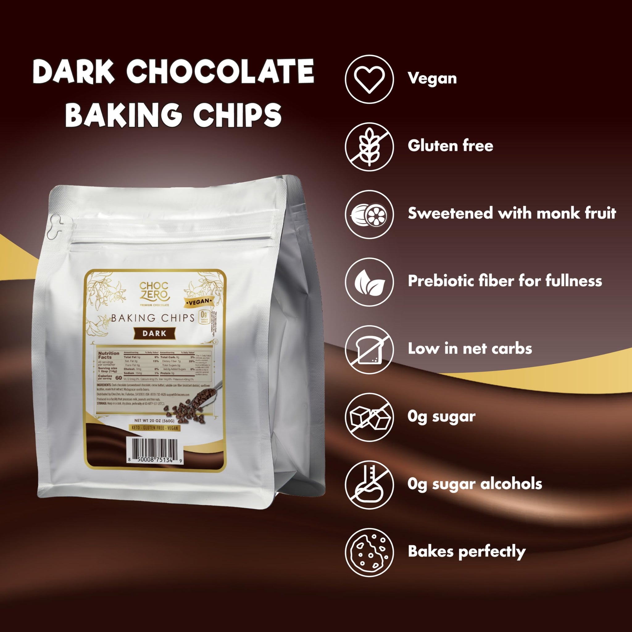 ChocZero Dark Chocolate Chips, Sugar Free, Vegan, Keto & Low Carb, Gluten Free, No Sugar Alcohols, 20 oz Bag for Baking & Desserts
