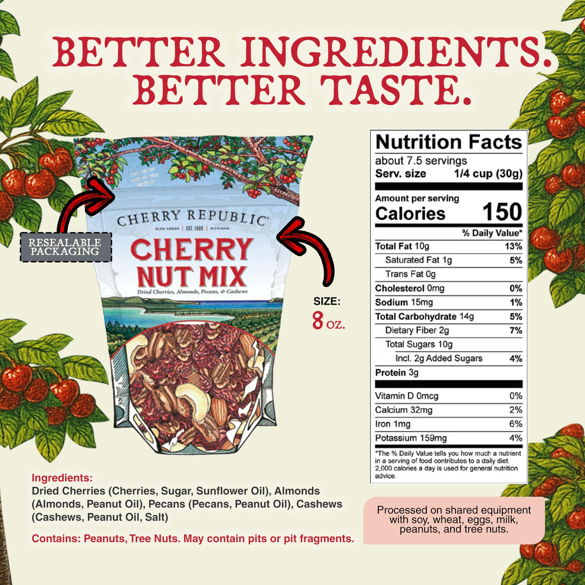 Cherry Republic Cherry Nut Mix, 8 oz, Pack of 2 - Premium Mixed Nuts with Real Dried Cherries, Simple Ingredients, Sweet and Savory Flavor, Gourmet