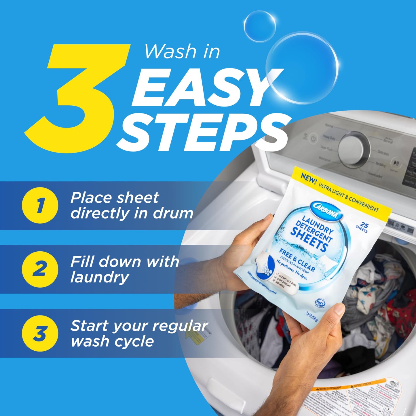 Carbona Laundry Detergent Sheets | Eco-Friendly Washing Detergent | Up to 50 Loads (25 Sheets) | Stain Remover | No Perfume or Dyes | Free & Clear