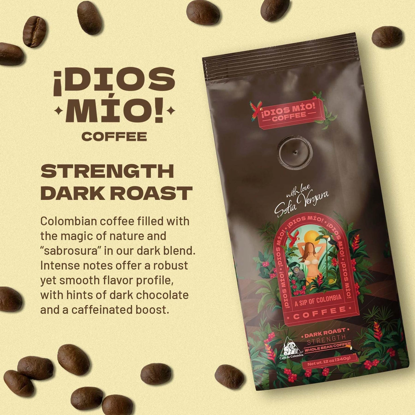 Dios Mio Coffee by Sofia Vergara, Dark Roast, Whole Bean Premium Colombian Coffee, 12 Ounce Bag