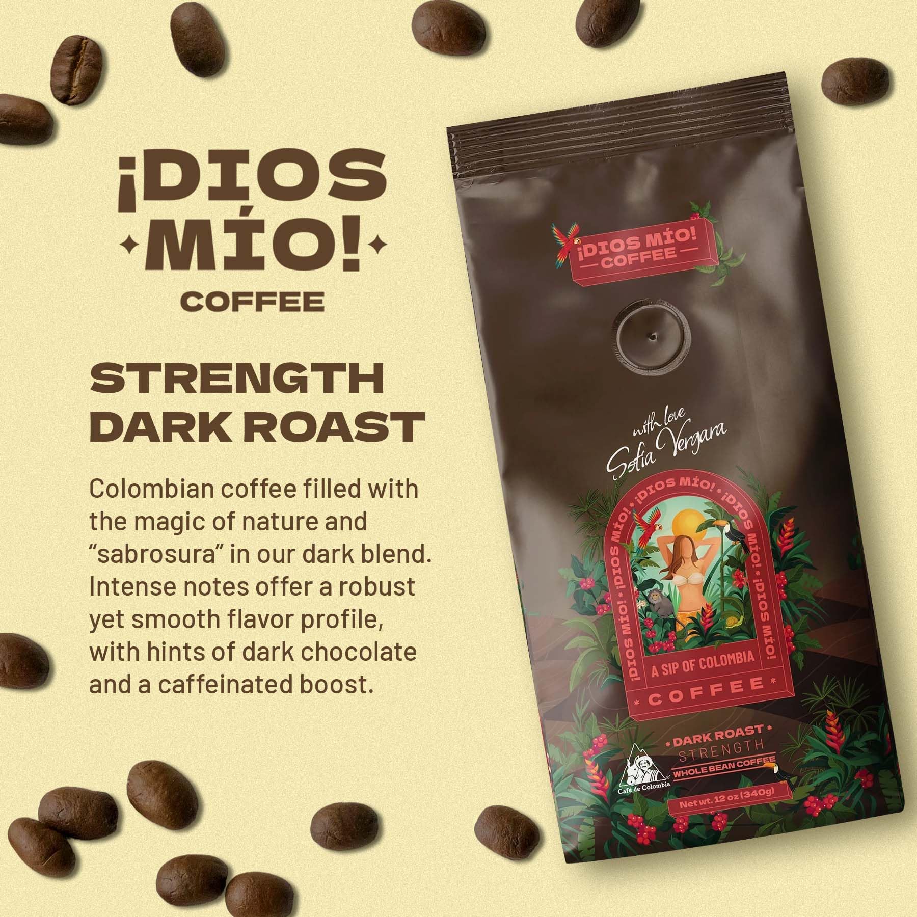 Dios Mio Coffee by Sofia Vergara, Dark Roast, Whole Bean Premium Colombian Coffee, 12 Ounce Bag