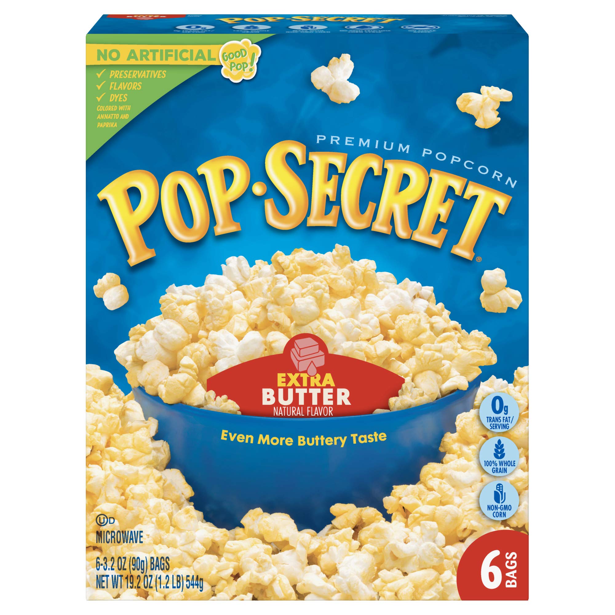 Pop Secret Extra Butter Microwave Popcorn 6ct (3.2oz Bags), 19.2oz Box (Pack of 1) - Microwave Popcorn, Non-GMO Popcorn, Extra Buttery Popcorn