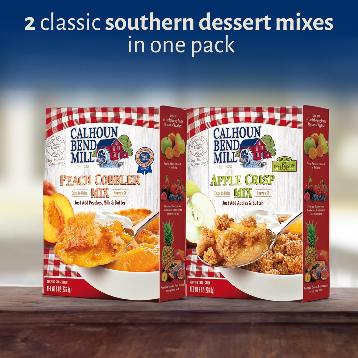 Calhoun Bend Mill Variety Bundle Mixes, Easy to Make Homemade Dessert for Apples, Peaches, Berries, Ideal for Gourmet Baking & Delights, Apple Crisp Mix 8 oz + Peach Cobbler 8 oz
