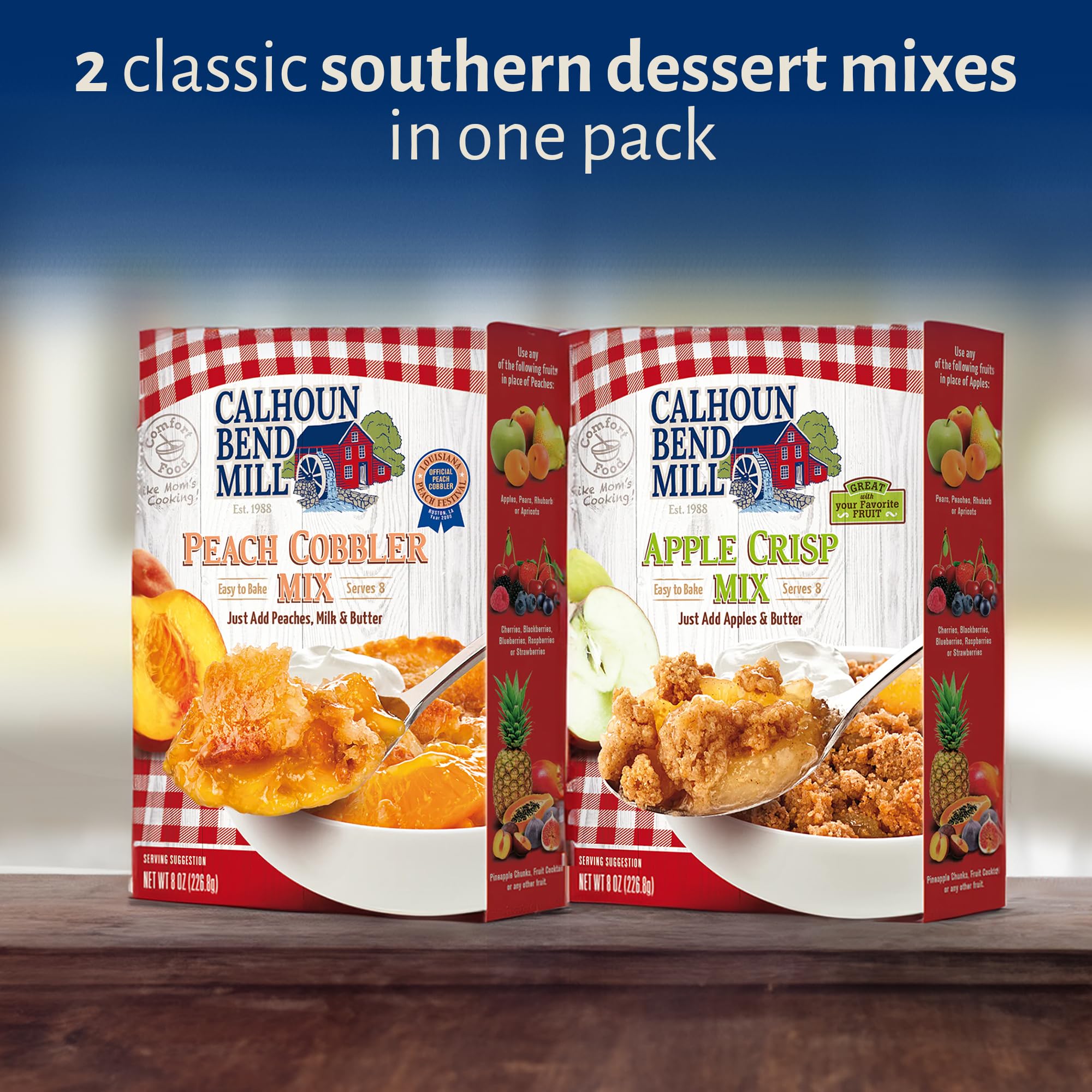 Calhoun Bend Mill Variety Bundle Mixes, Easy to Make Homemade Dessert for Apples, Peaches, Berries, Ideal for Gourmet Baking & Delights, Apple Crisp Mix 8 oz + Peach Cobbler 8 oz