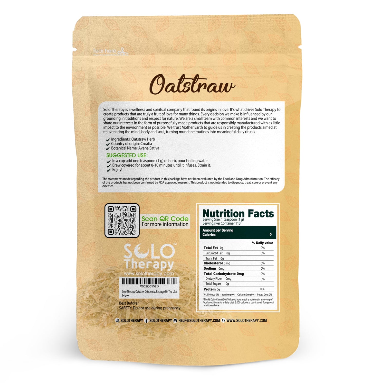 Solo Therapy Oatstraw Dried Cut Herb 4 oz, Avena Sativa, Oatstraw Tea, Resealable Bag, Product from Croatia, Packaged in The USA