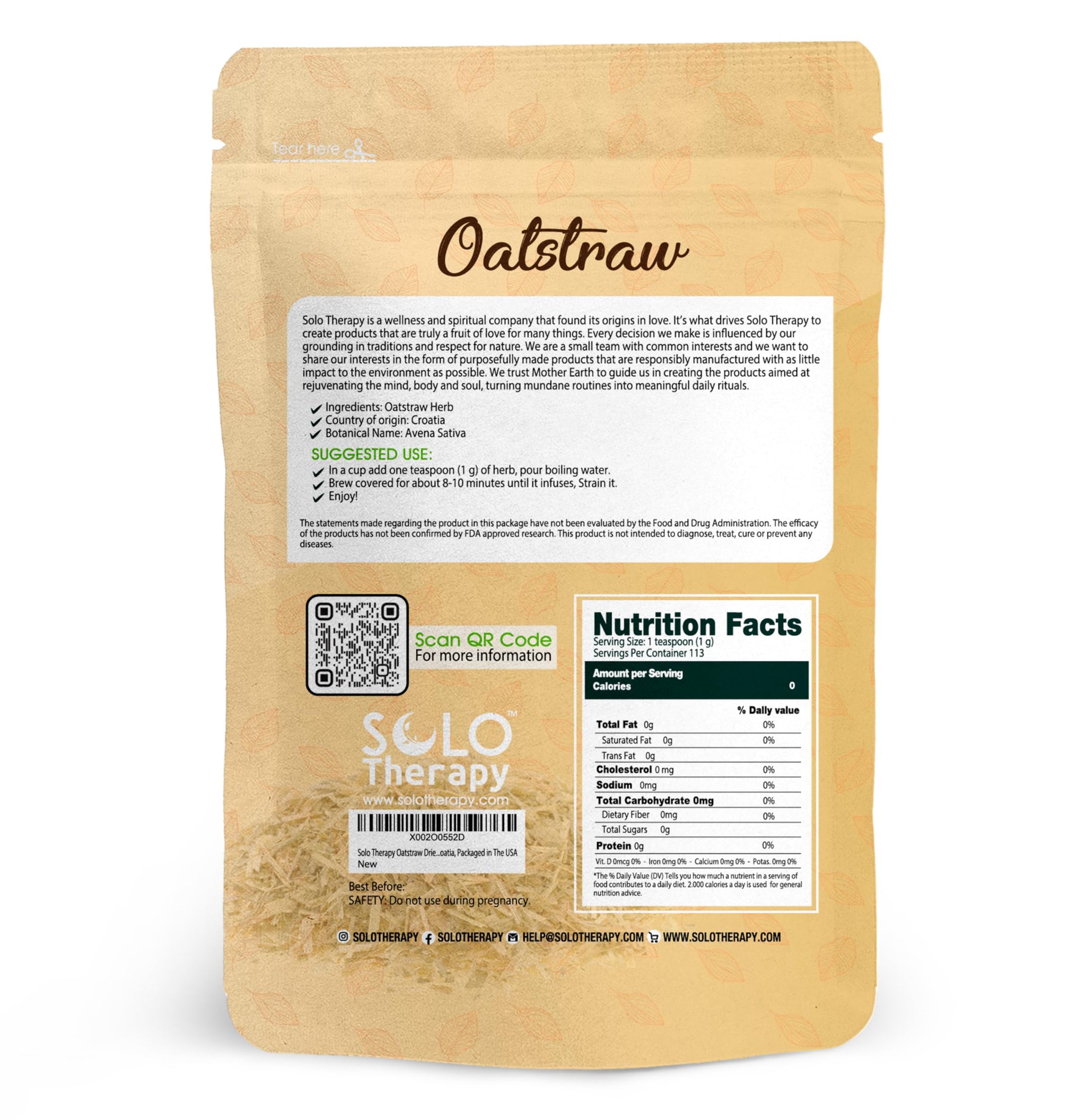 Solo Therapy Oatstraw Dried Cut Herb 4 oz, Avena Sativa, Oatstraw Tea, Resealable Bag, Product from Croatia, Packaged in The USA