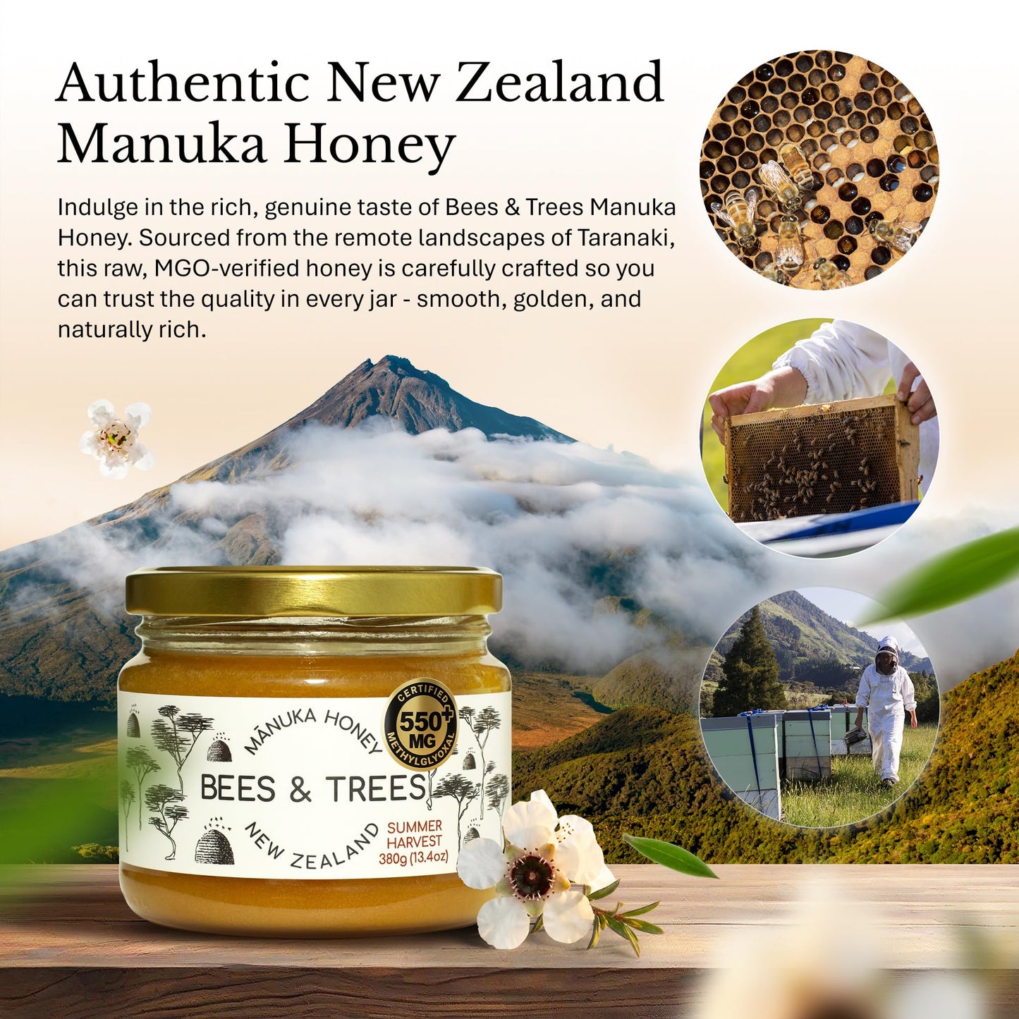Bees & Trees Manuka Honey 550+ MGO - Raw, Pure New Zealand Monofloral Honey - Unpasteurized & Minimally Filtered - Ideal for Tea, Coffee, Dressings