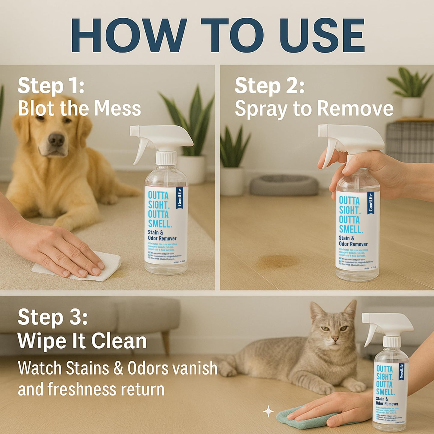 Good Life Solutions Natural Odor and Stain Remover Spray - Unscented Plant-Based Child and Pet Safe Cleaner Earth-Friendly Odor Eliminator Eco