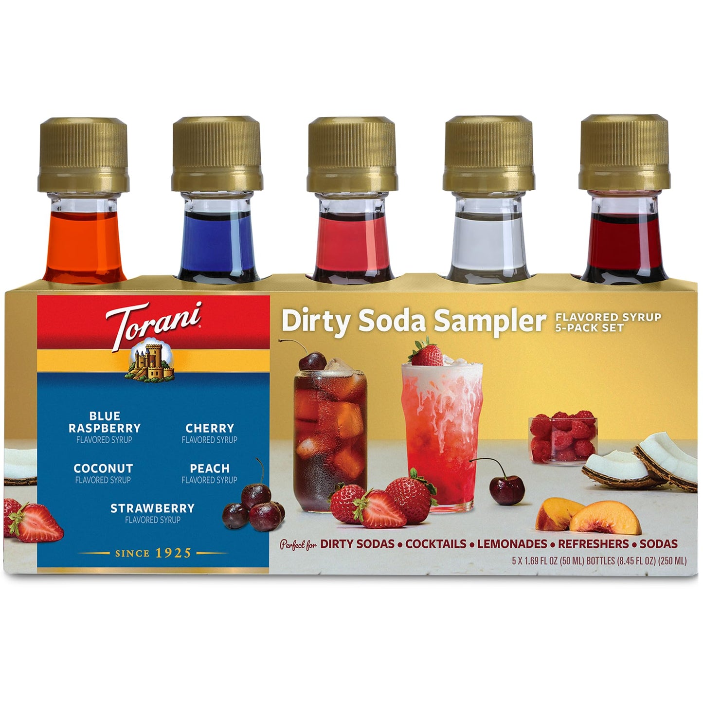 Torani Dirty Soda Sampler 5-Pack, Mini Syrups Gift Set - Coconut, Strawberry, Blue Raspberry, Peach, and Cherry, 1.7 Oz Ea