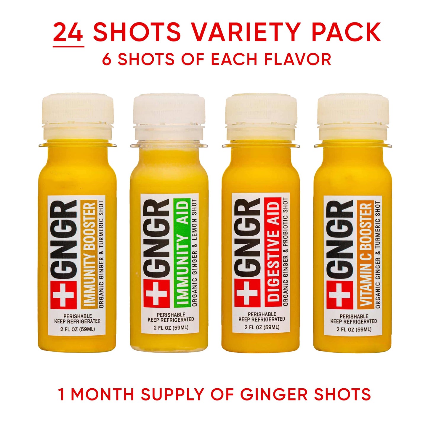 GNGR 24 Shots Variety Pack of Organic Cold-Pressed Ginger Shots - 4 Target Formulas with Peruvian Ginger, High-Absorption Turmeric & Vitamin C