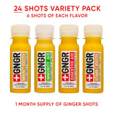 GNGR 24 Shots Variety Pack of Organic Cold-Pressed Ginger Shots - 4 Target Formulas with Peruvian Ginger, High-Absorption Turmeric & Vitamin C