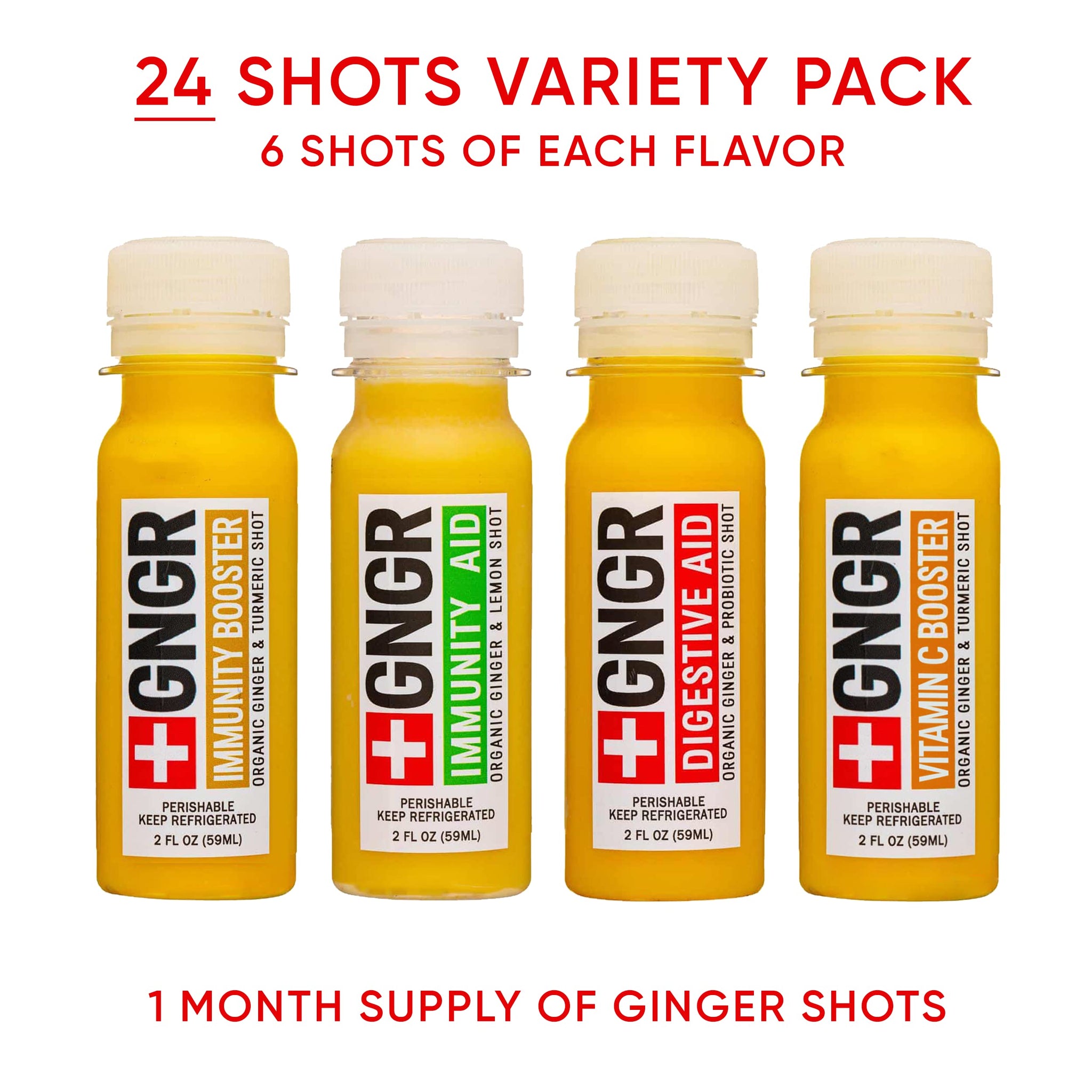 GNGR 24 Shots Variety Pack of Organic Cold-Pressed Ginger Shots - 4 Target Formulas with Peruvian Ginger, High-Absorption Turmeric & Vitamin C