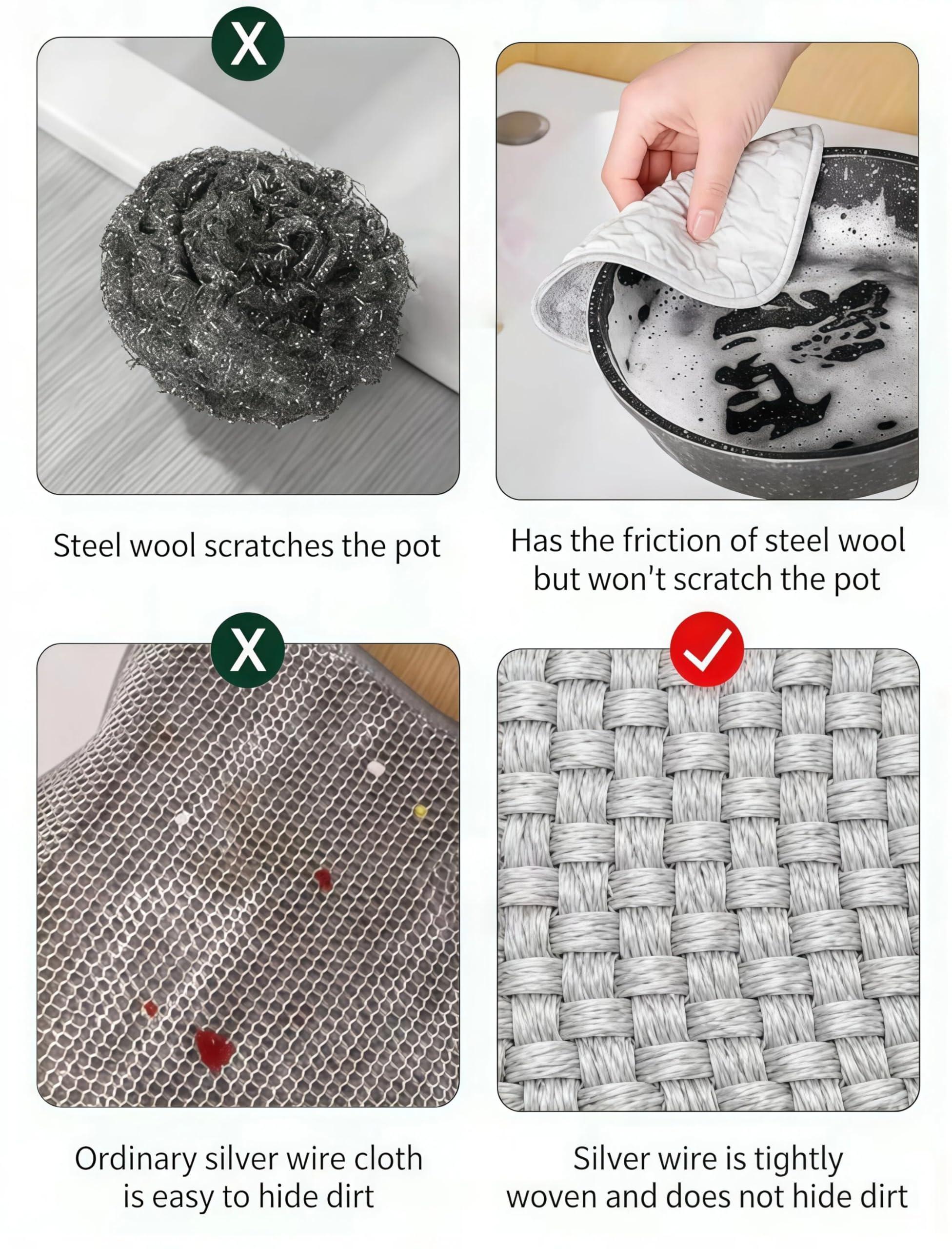 jlzzting Double Side Non Scratch Wire Dishcloths,Reusable Wet and Dry Wire Dishwashing Rags for Kitchen,Sinks,Pots,Pans (5pcs)
