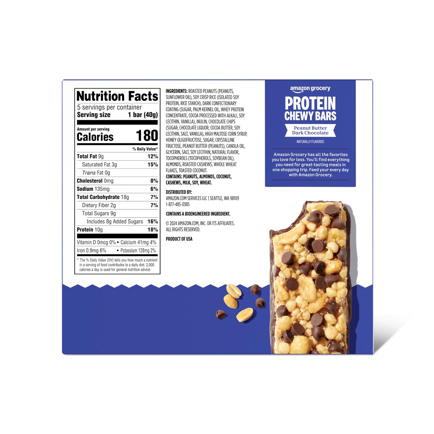 Amazon Grocery, Protein Chewy Bars, Peanut Butter Dark Chocolate Flavor, 7.1 Oz, 5 Ct