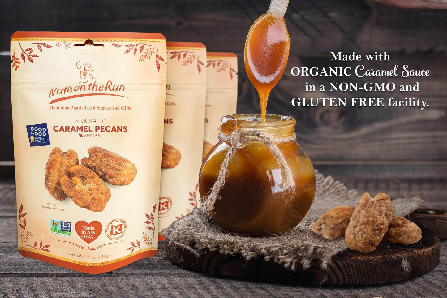 Nuts on the Run Sea Salt Caramel Pecan Pralines - Candied Pecans with Salted Caramel - Vegan, Gluten-Free, Kosher, Non-GMO Glazed Pecans - 4oz (Pack