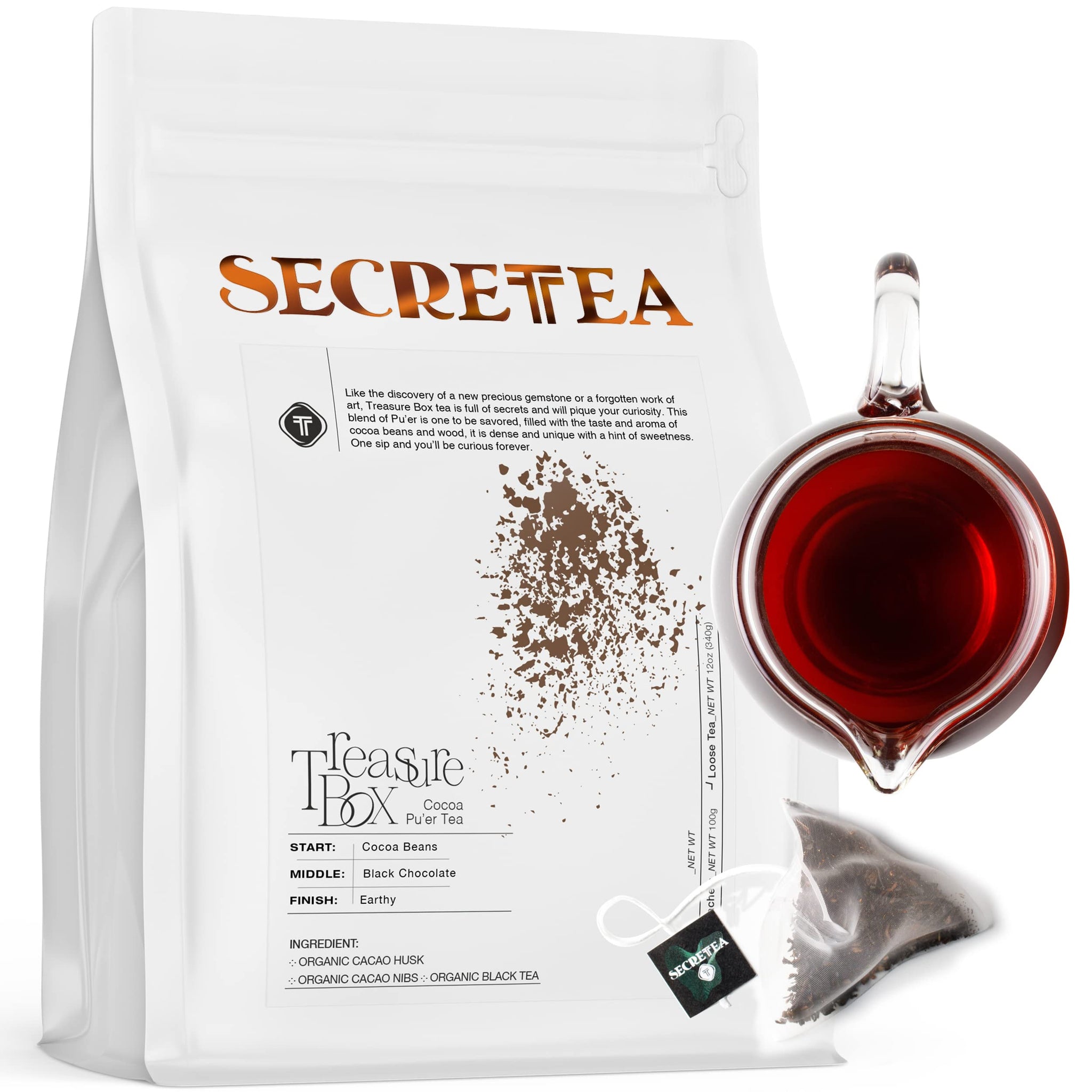 T SECRETEA Organic Cocoa Pu-erh Loose Tea Bag I Powerful Detox Immune I Heart & Digestion Support | 40 Count Unwrapped Sachets, Treasure Box