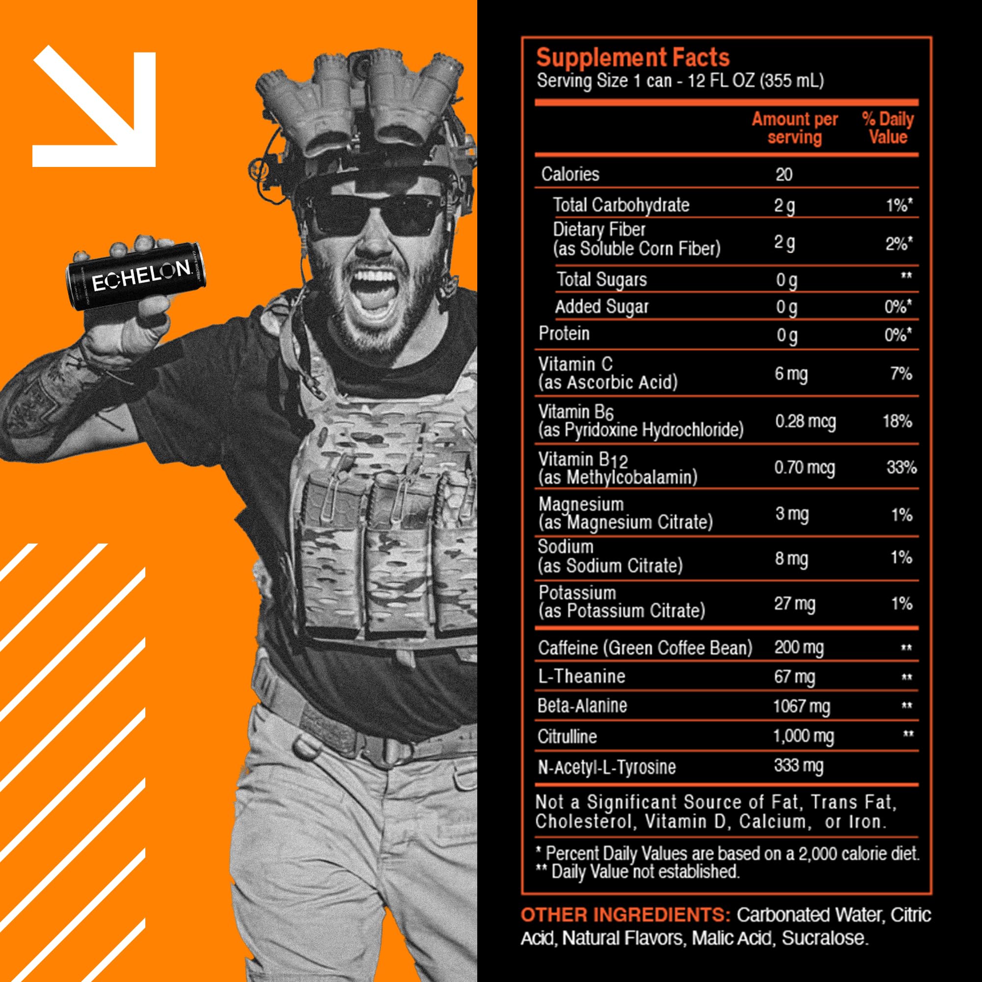 Echelon Performance Energy Drink Orange Cream - Zero Sugar, 200mg Natural Caffeine, Muscular Endurance, Nootropic Focus, Prebiotic Fiber, B Vitamins