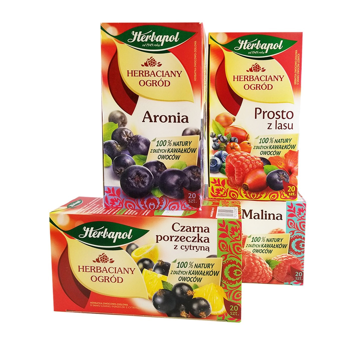 Herbapol Herbal Fruit Infused Tea (Variety Pack) Raspberry, Forest Fruit, Black Currant with Lemon & Aronia Tea Natural Flavor - 20 Silk Tea Bags Each