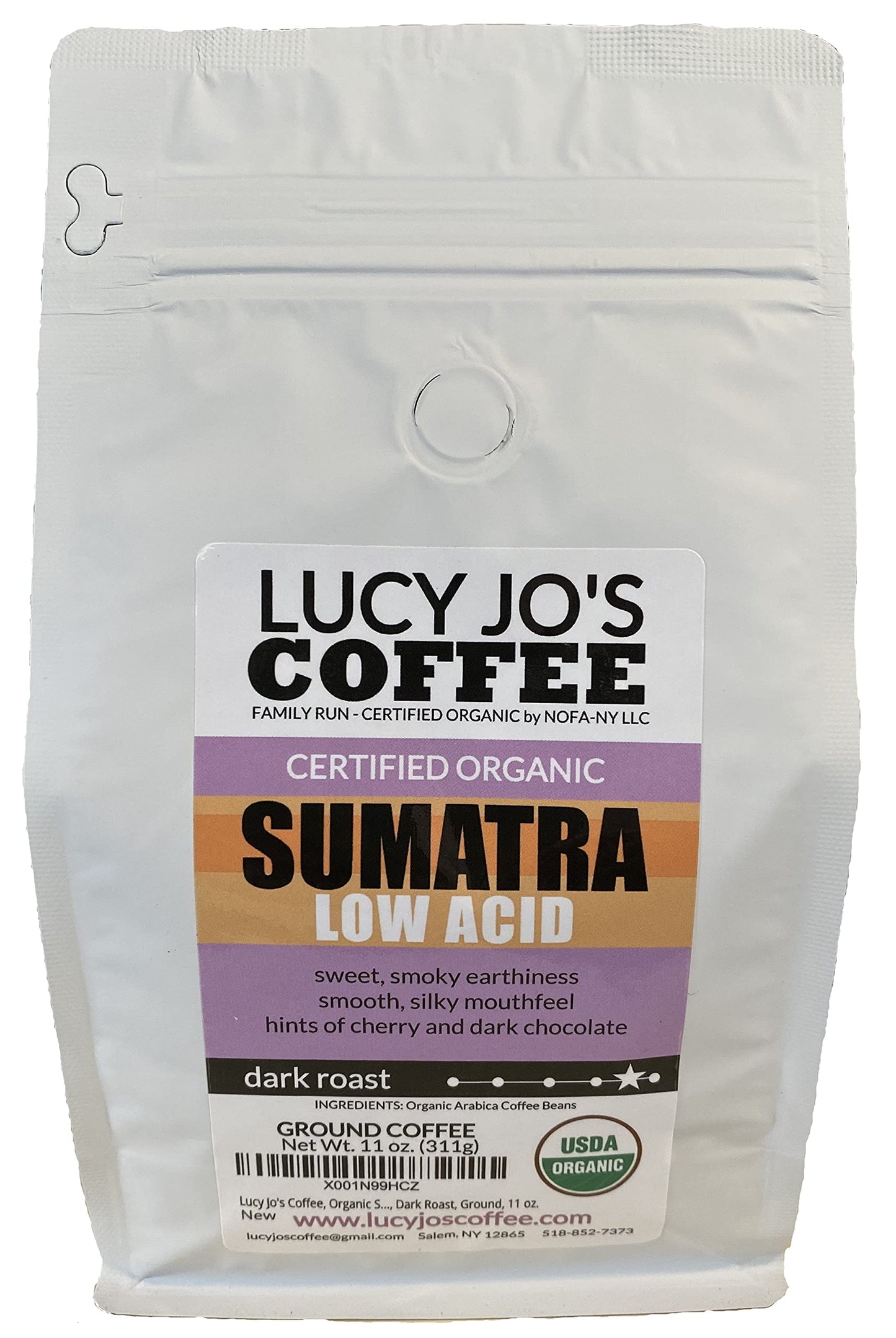 Lucy Jo's Coffee, Organic Sumatra, Low Acid, Dark Roast, Ground, 11 oz.
