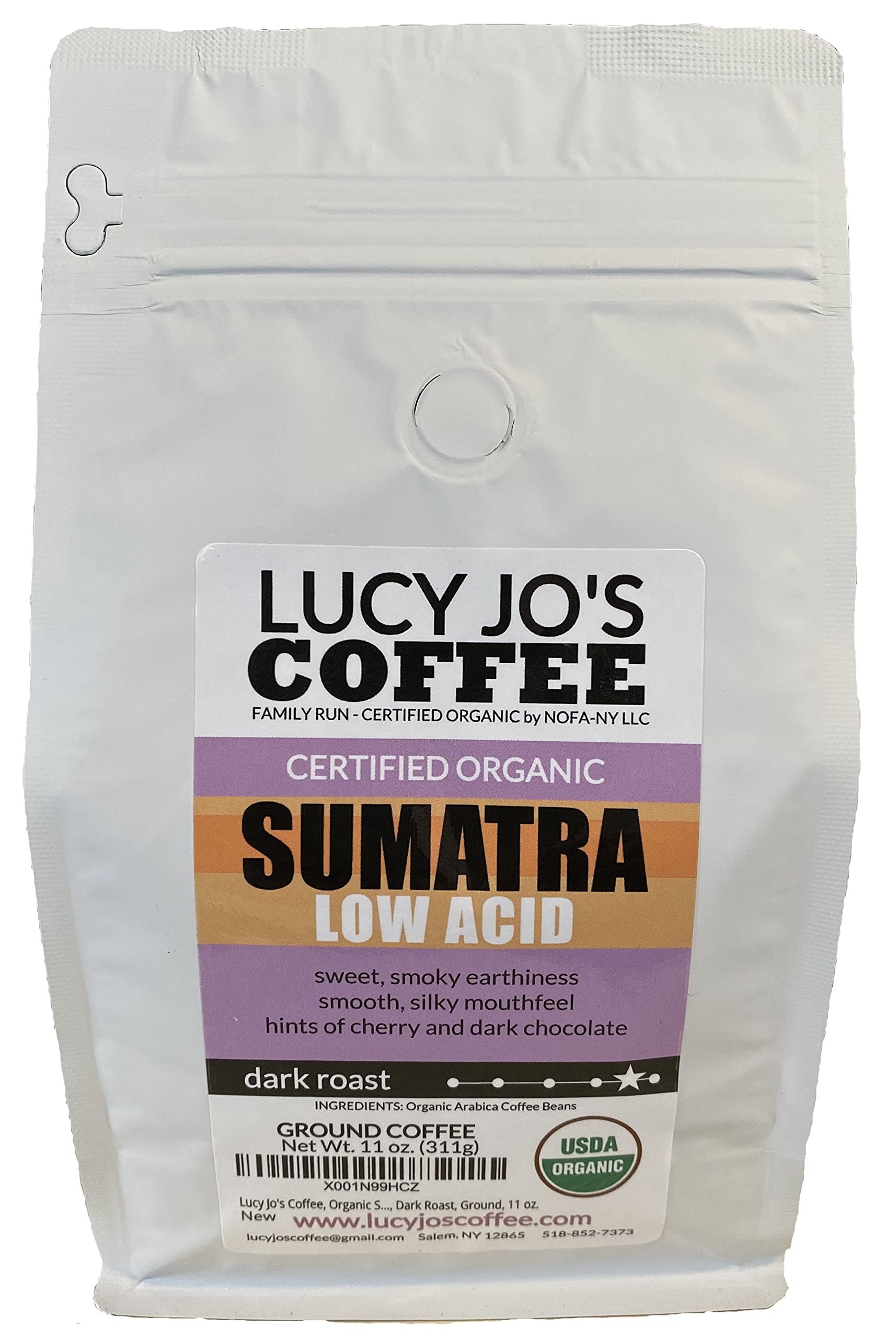 Lucy Jo's Coffee, Organic Sumatra, Low Acid, Dark Roast, Ground, 11 oz.