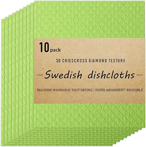 Swedish Dishcloths Cellulose Sponge Cloths for Kitchen, 10 Pack of Eco-Friendly No Odor Reusable Absorbent Quick Dry Dish Rag Cloth, Cleaning Towels