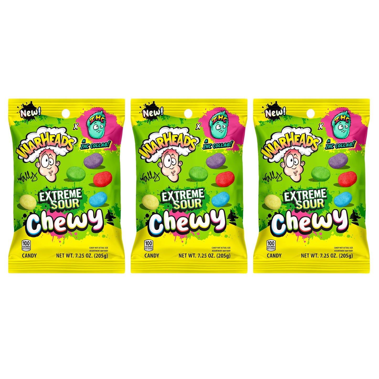 WARHEADS® Extreme Sour Chewy Candy - 7.25 oz Peg Bag - ZHC Collaboration - Assorted Flavors (Watermelon, Lemon, Blue Raspberry, Green Apple, Black