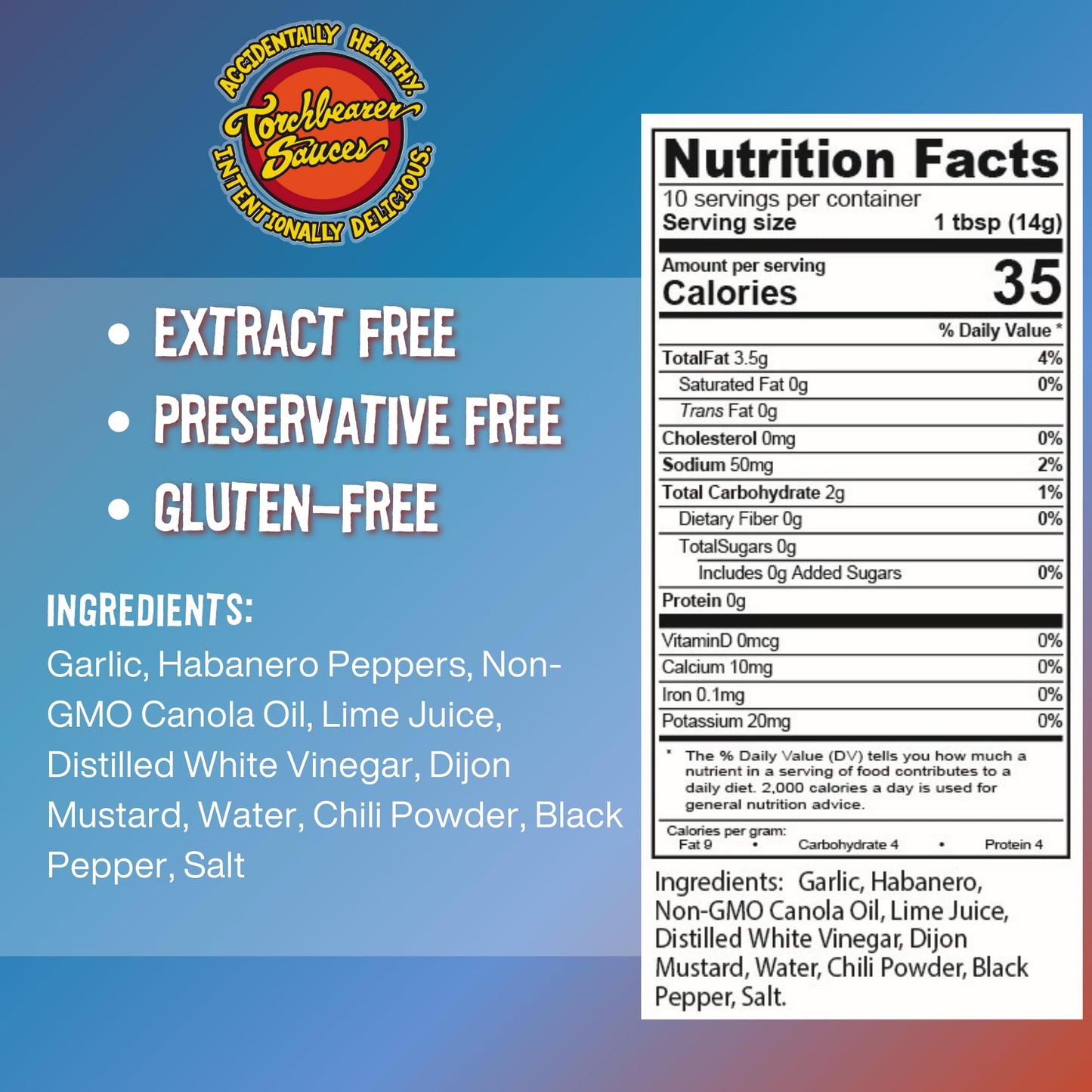 Torchbearer Sauces Garlic Habanero, 5oz, Medium Spicy Heat Level 4 - All Natural Hot Sauce, Extract-Free, Preservative-Free, Made in USA