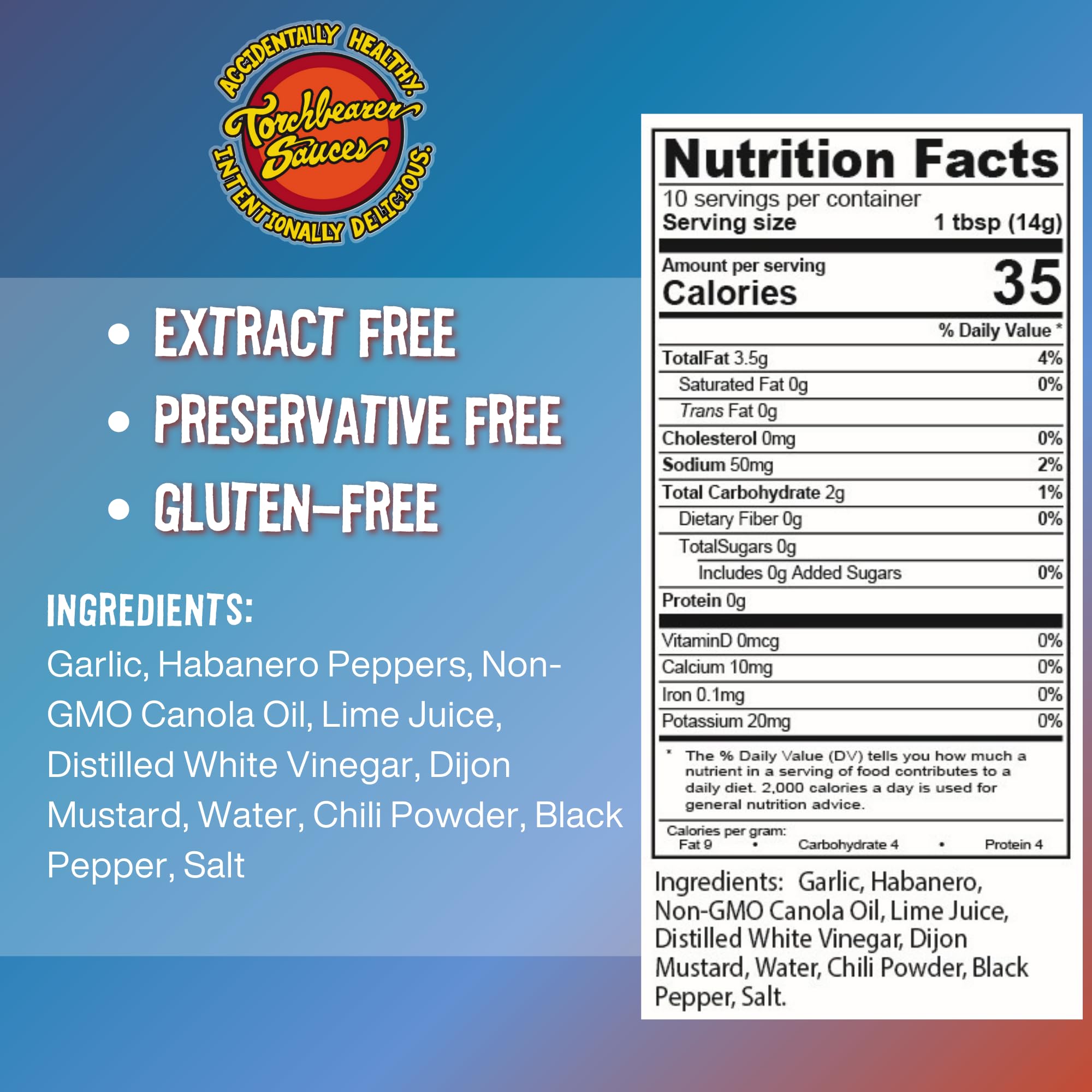 Torchbearer Sauces Garlic Habanero, 5oz, Medium Spicy Heat Level 4 - All Natural Hot Sauce, Extract-Free, Preservative-Free, Made in USA
