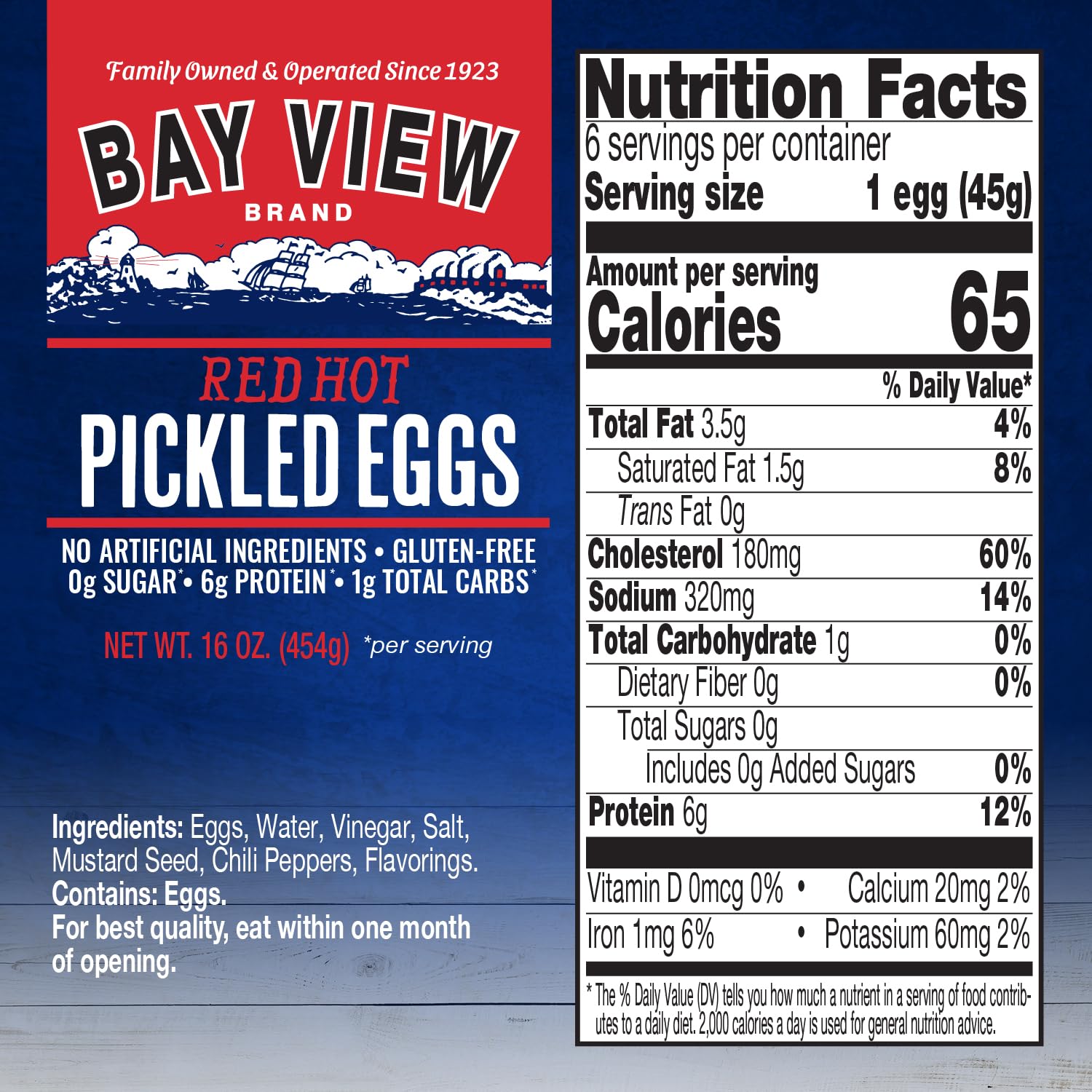 Bay View Pickled Eggs, No Artificial Ingredients, Gluten Free, 0g Sugar, 6g Protein, Fresh Grade A Eggs, Boiled and Peeled (16oz, Red Hot)