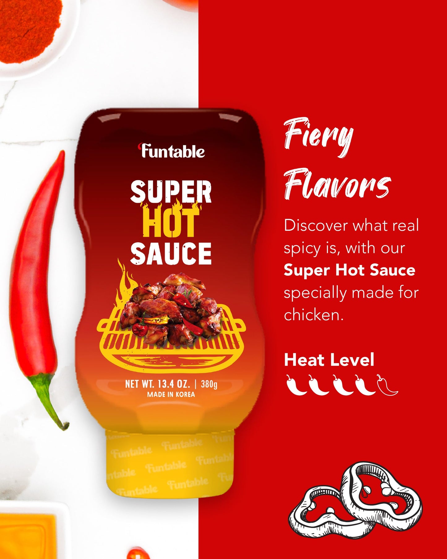 Funtable Super Hot Sauce (13.4 oz, Pack of 1) - Authentic Korean Flavor, Spicy & Tangy Sauce, Ideal for Fried Chicken, Nuggets, Dipping & More.
