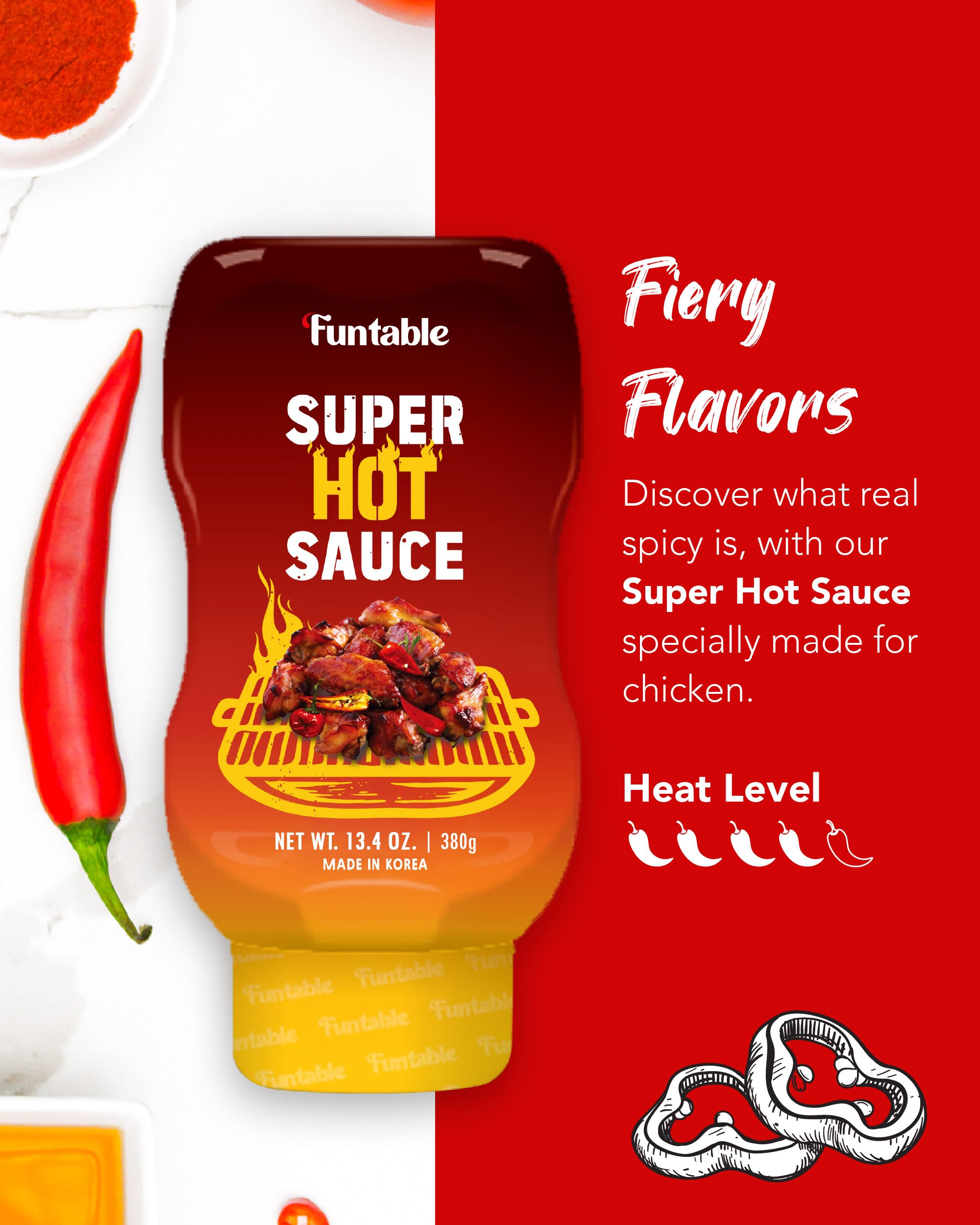 Funtable Super Hot Sauce (13.4 oz, Pack of 1) - Authentic Korean Flavor, Spicy & Tangy Sauce, Ideal for Fried Chicken, Nuggets, Dipping & More.