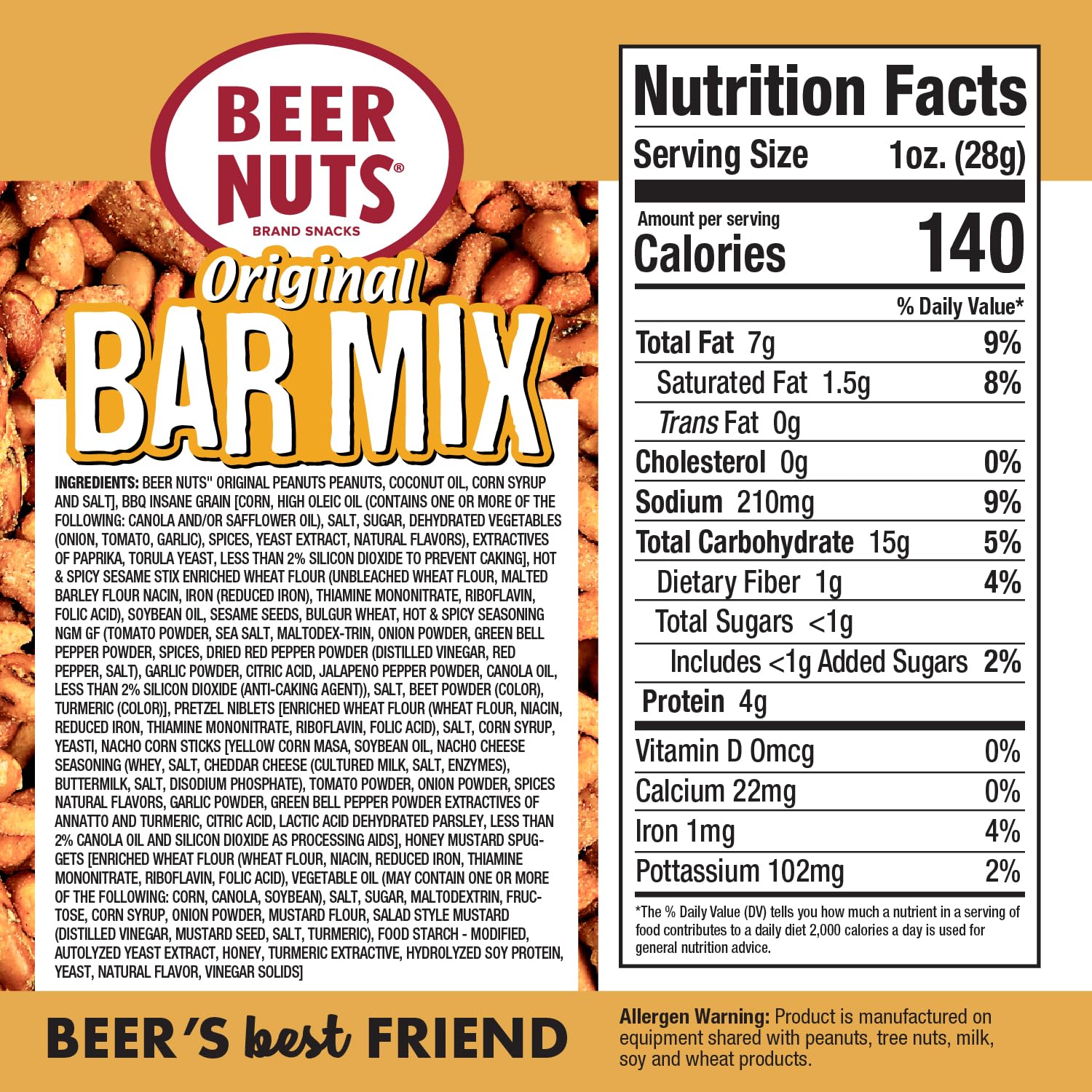 BEER NUTS Original Bar Mix - Pretzels, Cheese Stix, Sesame Stix, Insane Grain - 12oz Resealable Jar (Pack of 2)
