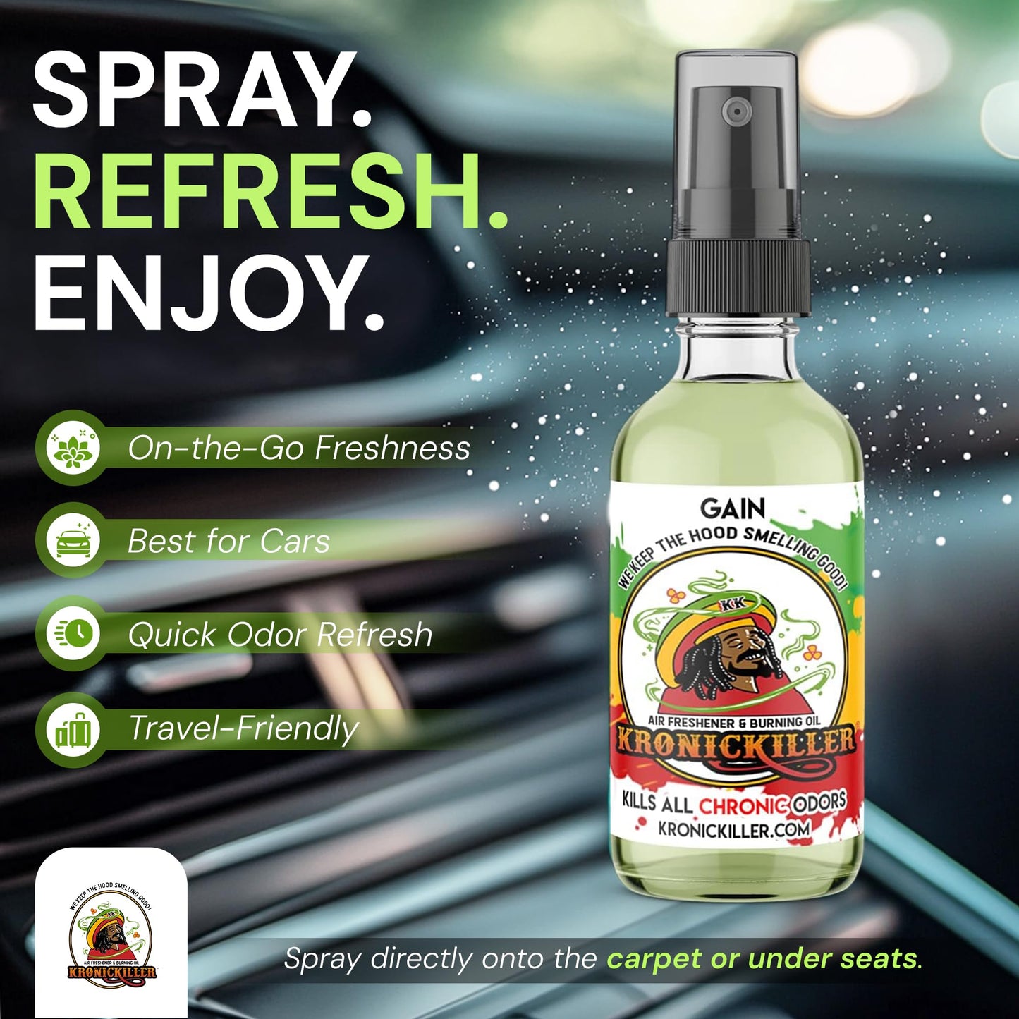 KronicKiller Gain Air Freshener & Burning Oil, Liquid Spray, 1 Fl Oz, Long Lasting Scent Duration, Car & Room Deodorizing
