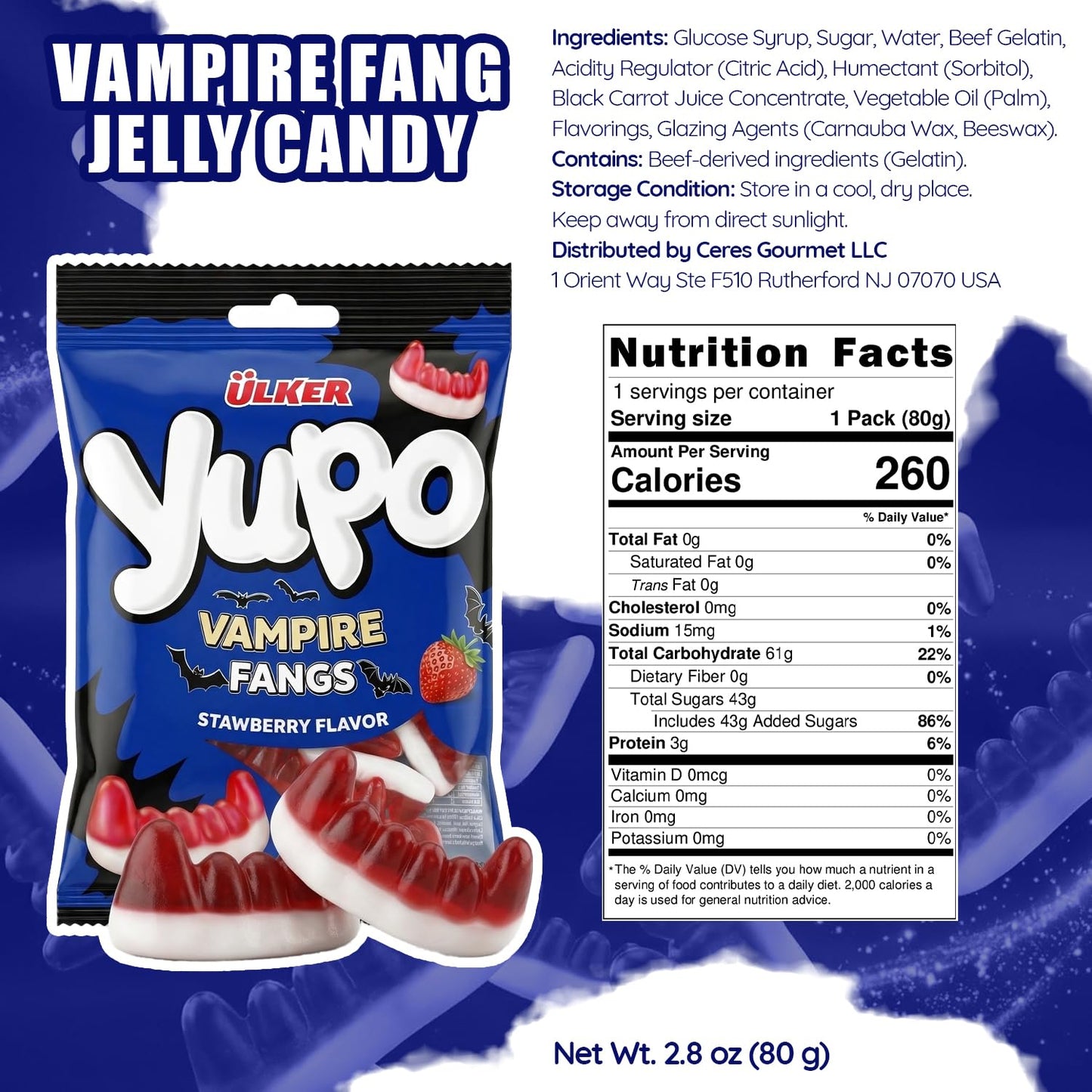 Ceres Gourmet Vampire Teeth Gummy Bulk Candy 24 Pack (2.82 oz Each) Individual Packets, Strawberry Flavored Chewy Dracula Gummies, Big Size Gummi