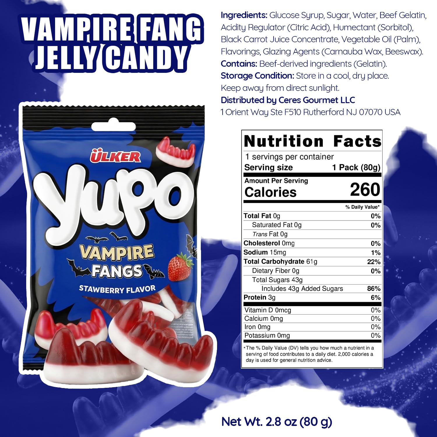 Ceres Gourmet Vampire Teeth Gummy Bulk Candy 24 Pack (2.82 oz Each) Individual Packets, Strawberry Flavored Chewy Dracula Gummies, Big Size Gummi