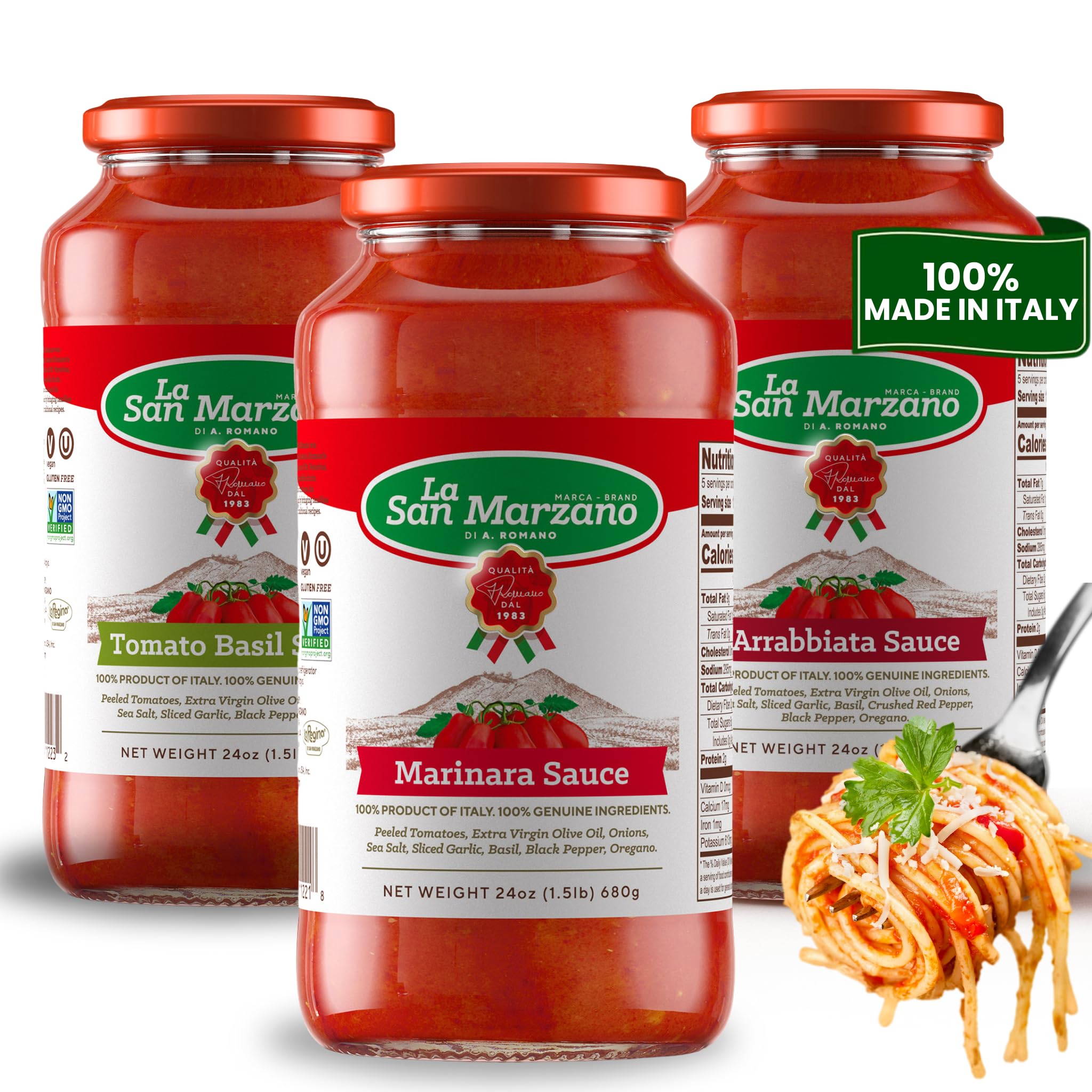 La San Marzano Variety Pack, Tomato Basil, Arrabiata, Marinara Sauce, 24 oz, Pasta Sauce Made in Italy, All Purpose Tomato Premium Quality, All