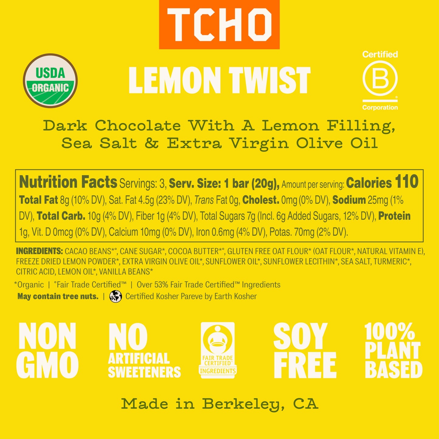 TCHO Lemon Twist Chocolate Bar (3 Pack) | 67% Dark Chocolate Shell with Lemon & Oat-Milk White Chocolate Filling | Plant-Based Organic & Fair Trade |