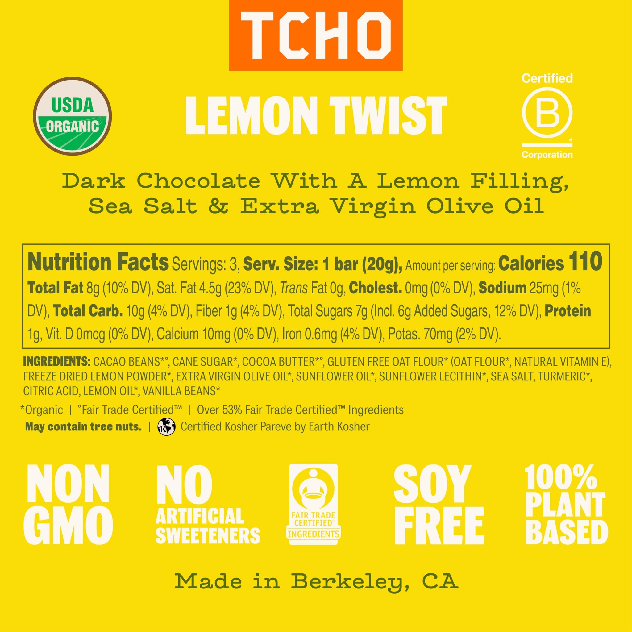 TCHO Lemon Twist Chocolate Bar (3 Pack) | 67% Dark Chocolate Shell with Lemon & Oat-Milk White Chocolate Filling | Plant-Based Organic & Fair Trade |