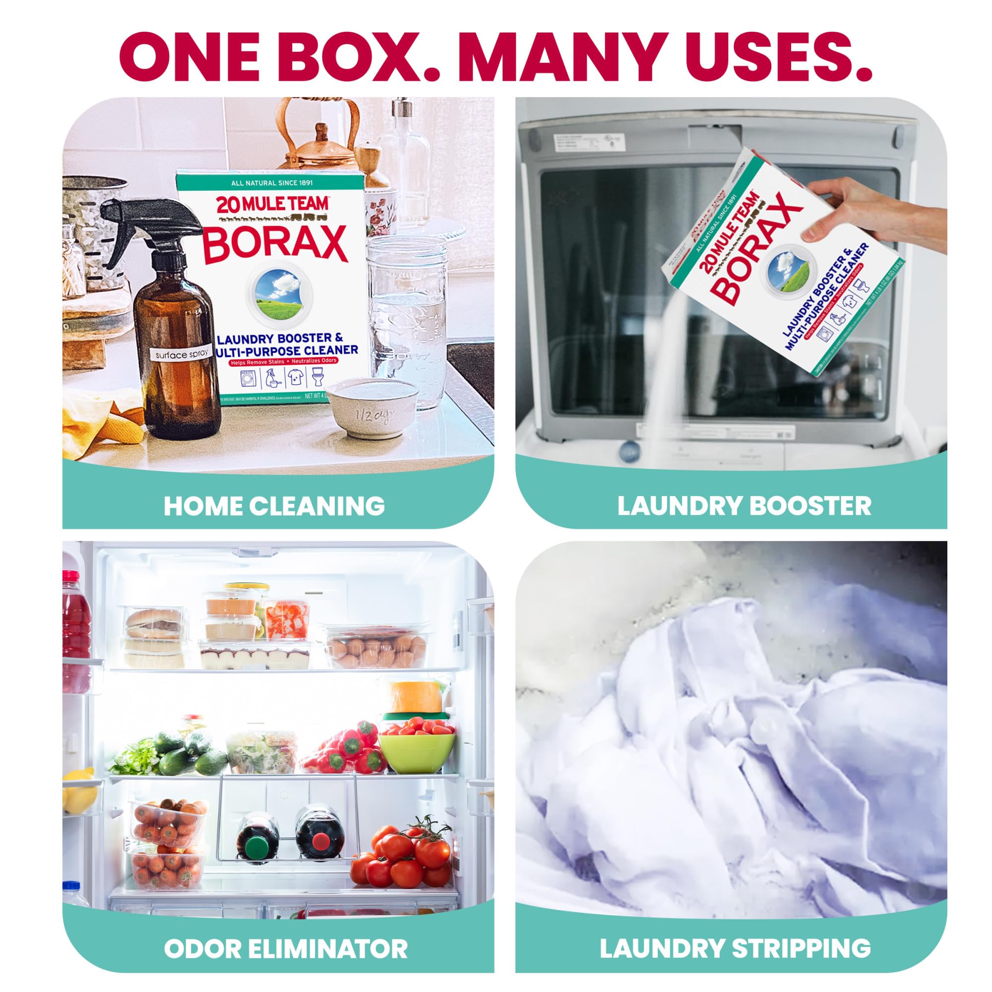 20 MULE TEAM Borax Powder, 65 Ounce, 4 Count, All Natural Laundry Booster & Multi-Purpose Household Cleaner for Kitchen and Bathroom, Stain & Odor