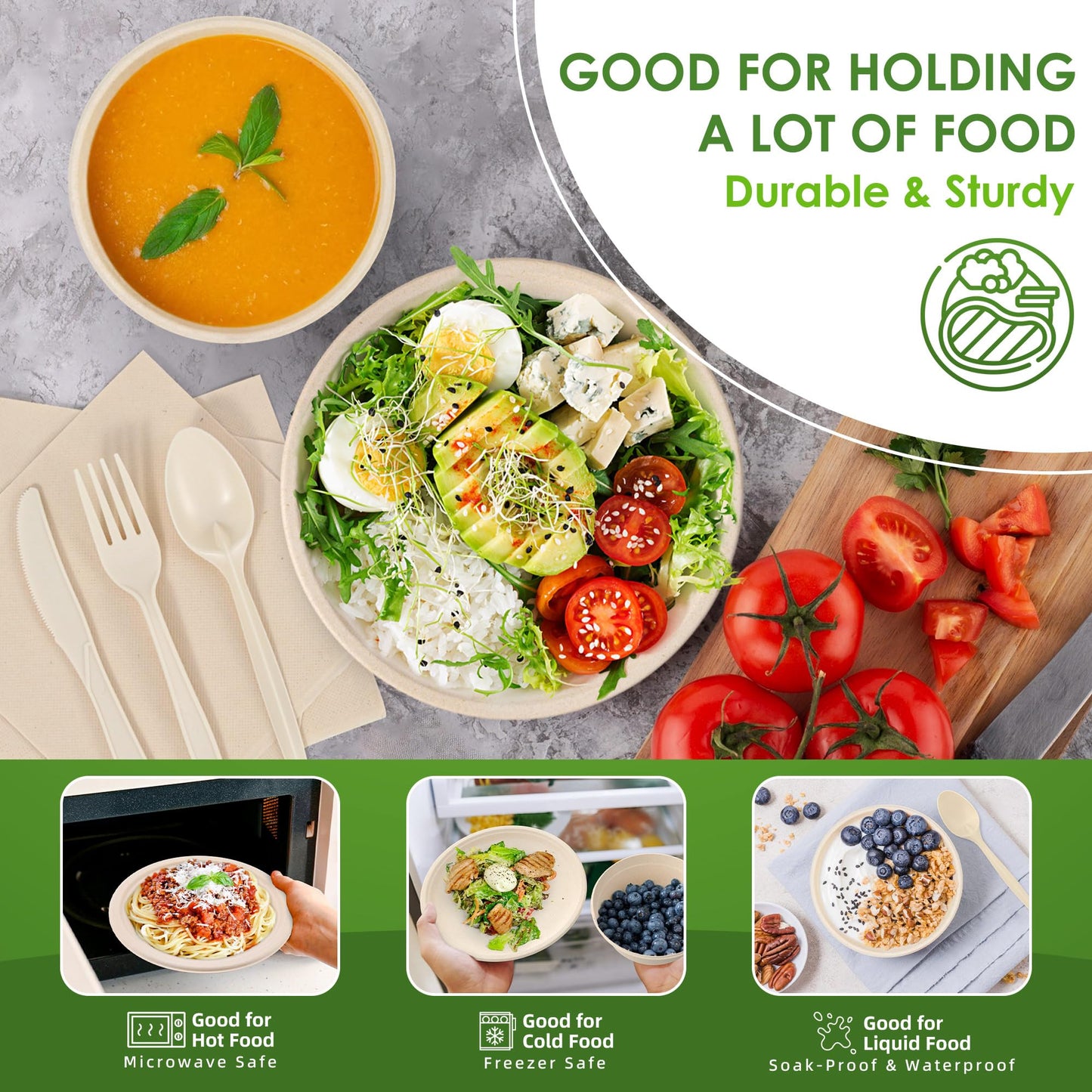 FEHHTO Disposable Paper Plates Set 300PCS Compostable Sugarcane Plates, Bowls, Heavy-duty Utensil, Biodegradable Napkins, Eco-friendly Dinnerware Set