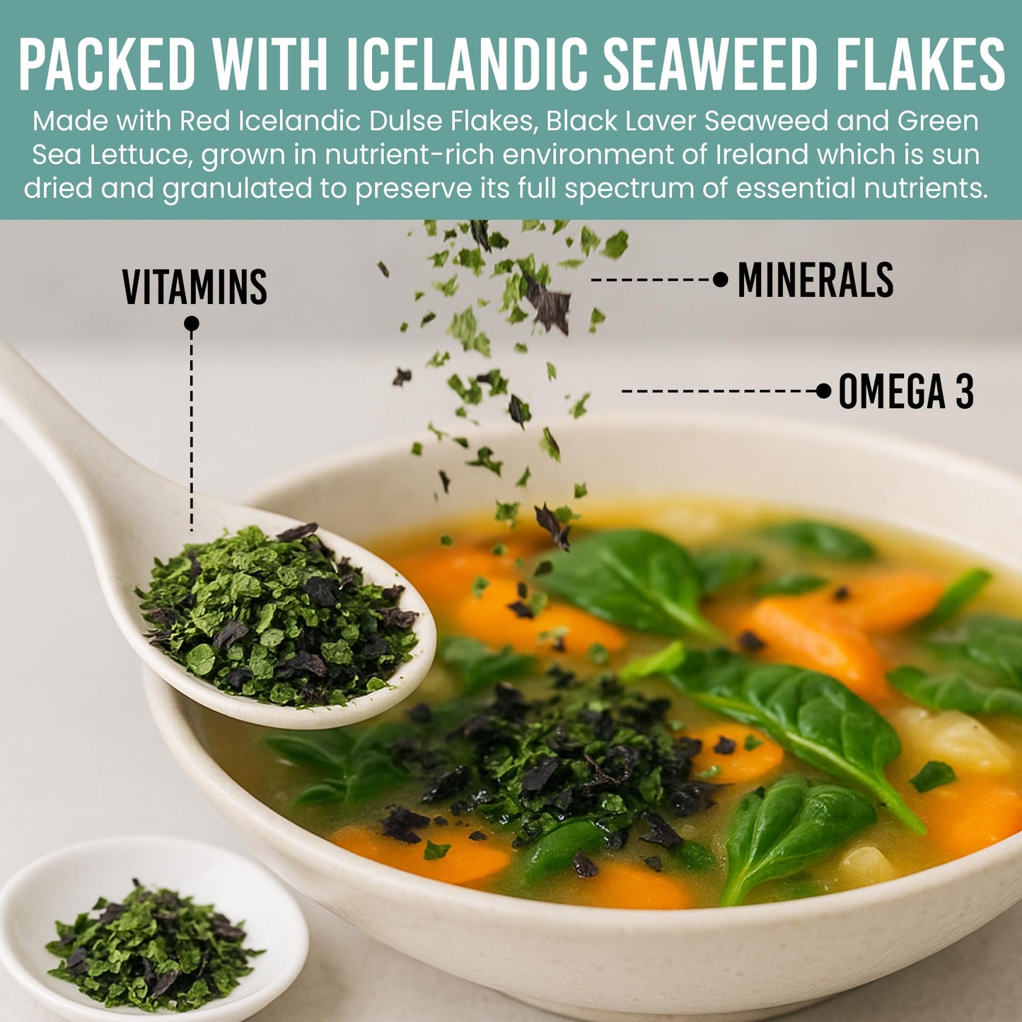 Holistic Bin Triple Icelandic Seaweed Flakes | Wild Harvested in Iceland | Organic Red Atlantic Dulse, Black Nori, & Green Sea Lettuce | Dried Seaweed