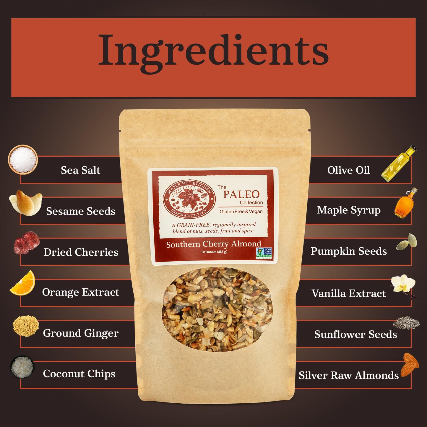 Maple Nut Kitchen Southern Cherry Almond Granola 3 Pack - Paleo Grain Free Nut Granola with Tart Cherries, Coconut & Seeds - No Sugar Added, Oat Free