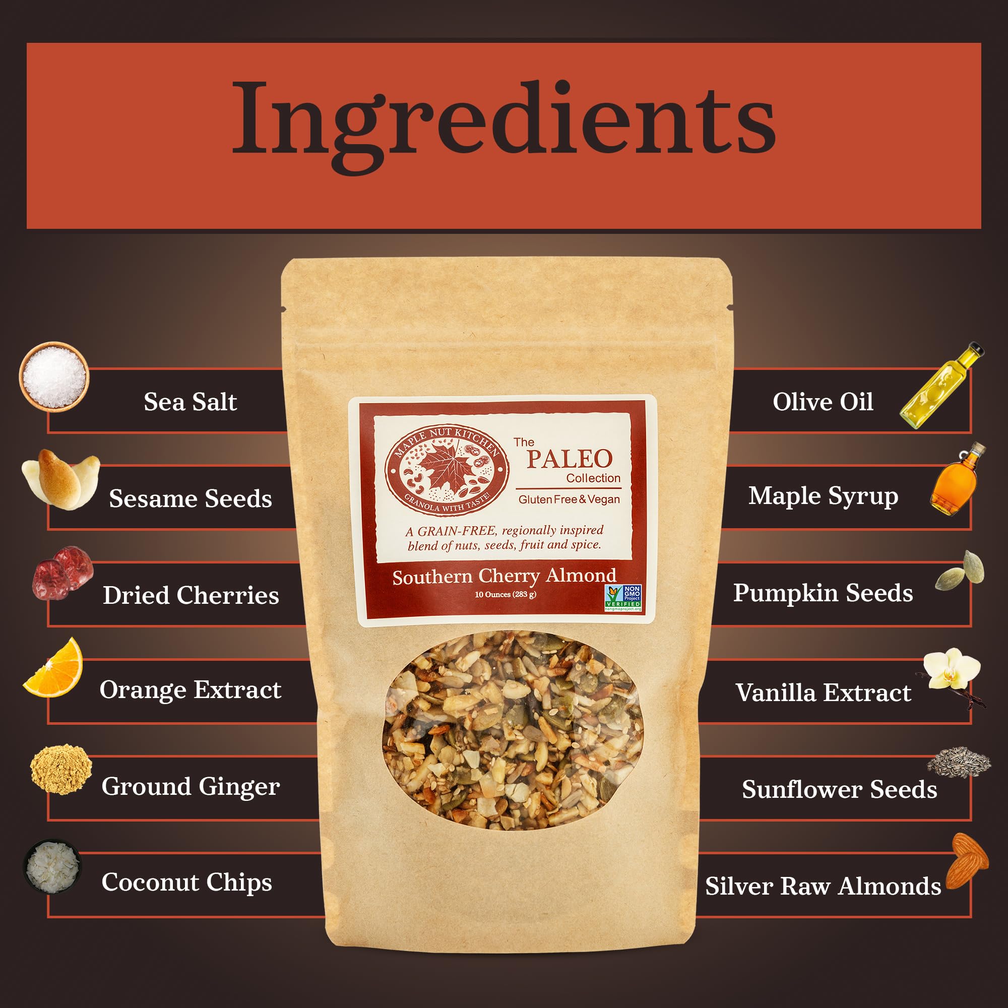 Maple Nut Kitchen Southern Cherry Almond Granola 3 Pack - Paleo Grain Free Nut Granola with Tart Cherries, Coconut & Seeds - No Sugar Added, Oat Free